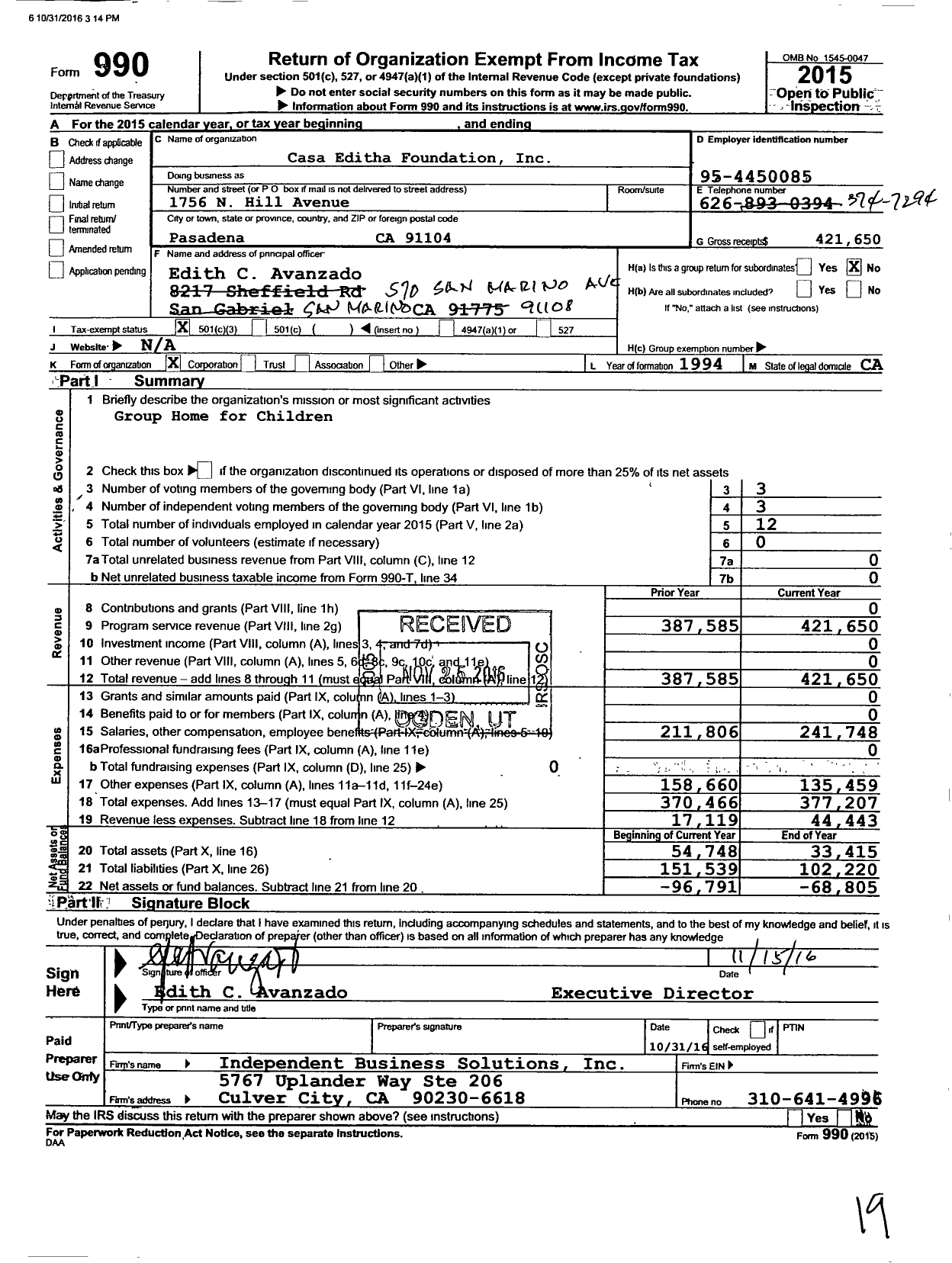 Image of first page of 2015 Form 990 for Casa Editha Foundation