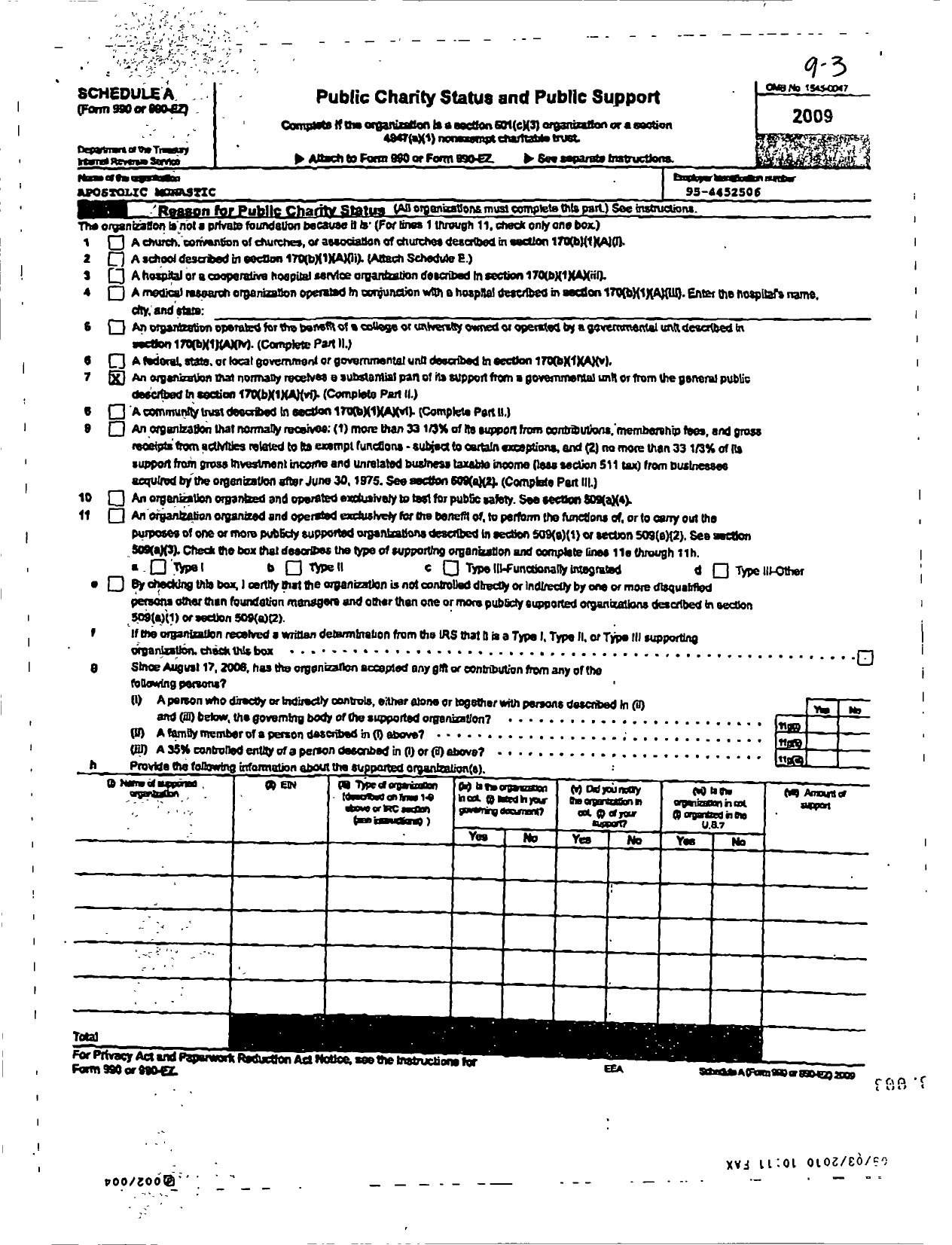 Image of first page of 2009 Form 990ER for Apostolic Monastics