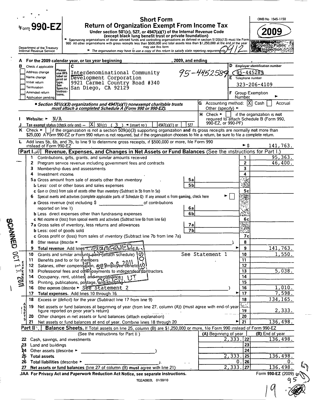 Image of first page of 2009 Form 990EZ for Interdenominational Community Development Corporation