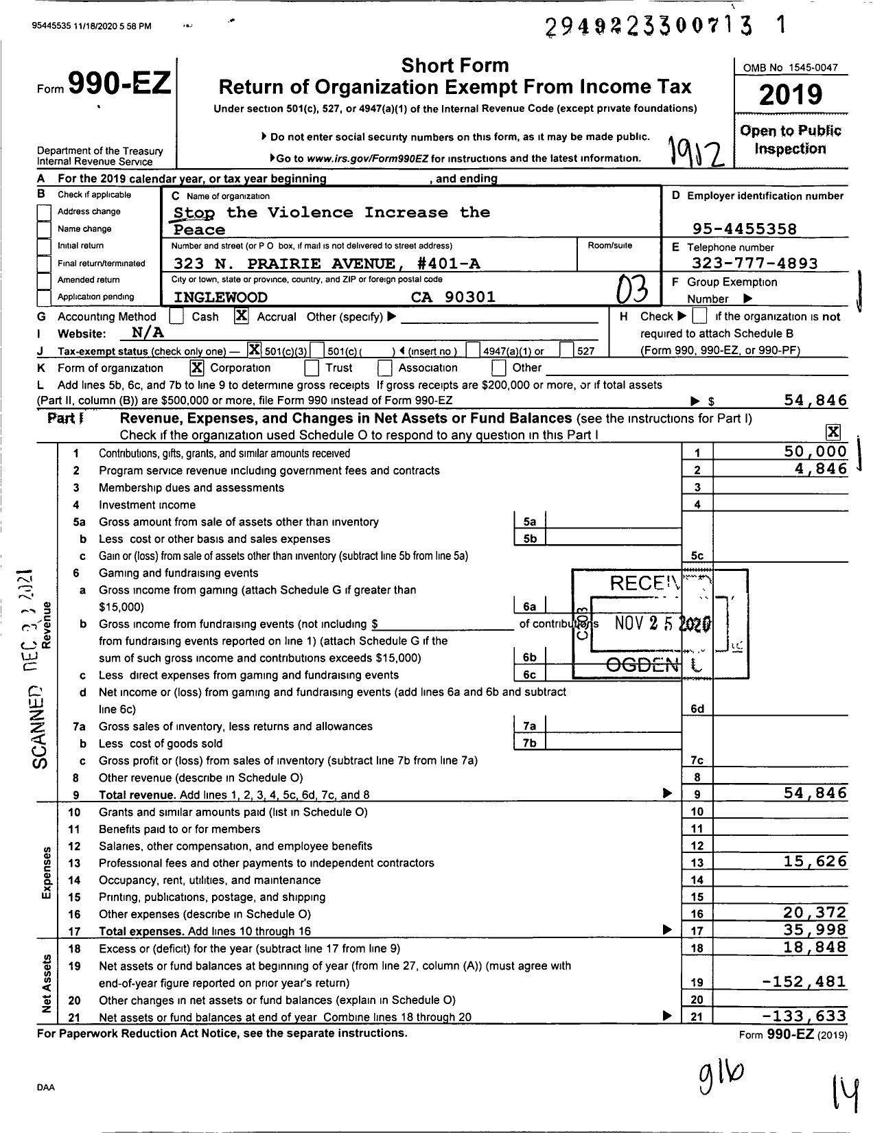 Image of first page of 2019 Form 990EZ for Stop the Violence and Increase the Peace Foundation