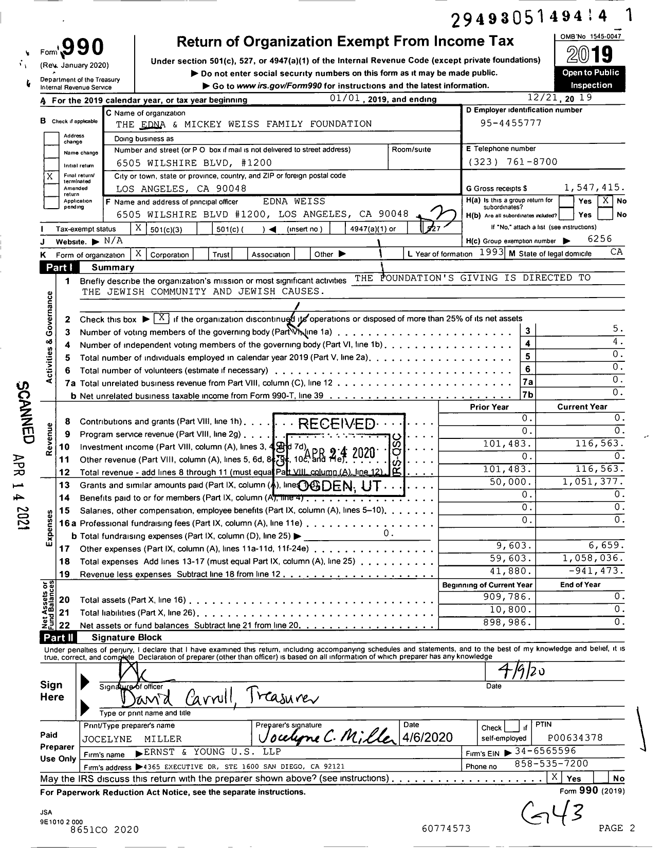 Image of first page of 2019 Form 990 for The Edna and Mickey Weiss Family Foundation