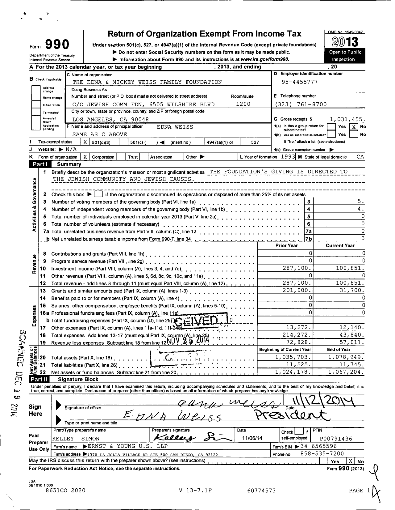 Image of first page of 2013 Form 990 for The Edna and Mickey Weiss Family Foundation