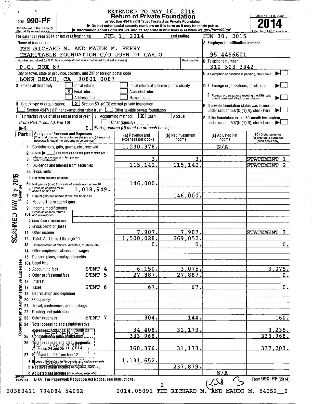 Image of first page of 2014 Form 990PF for The Richard M and Maude M Ferry Charitable Foundation