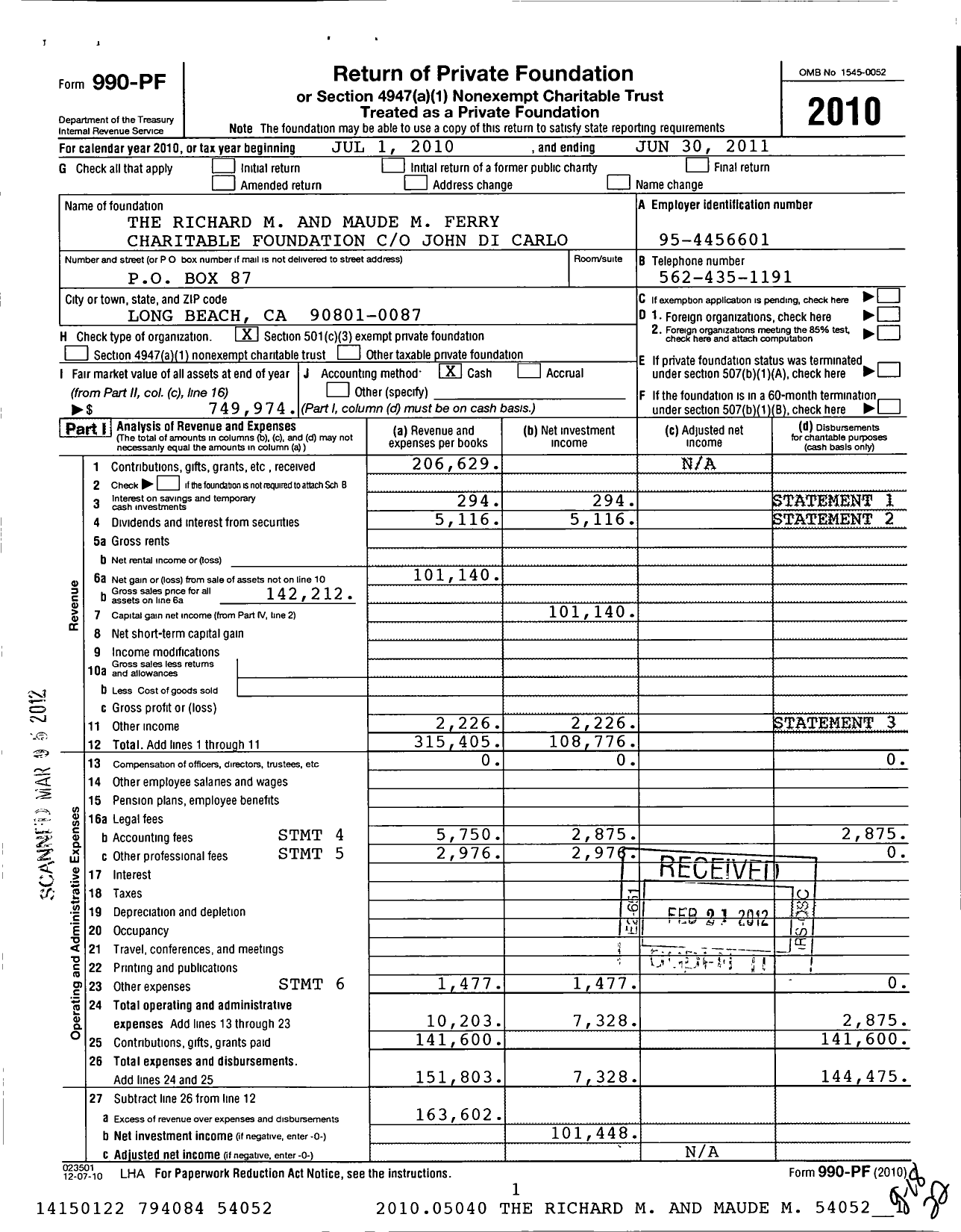 Image of first page of 2010 Form 990PF for The Richard M and Maude M Ferry Charitable Foundation
