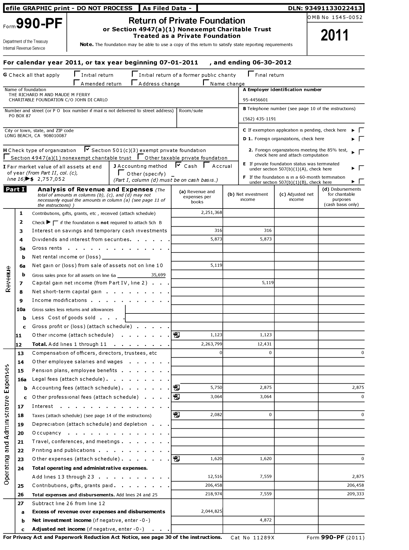 Image of first page of 2011 Form 990PF for The Richard M and Maude M Ferry Charitable Foundation