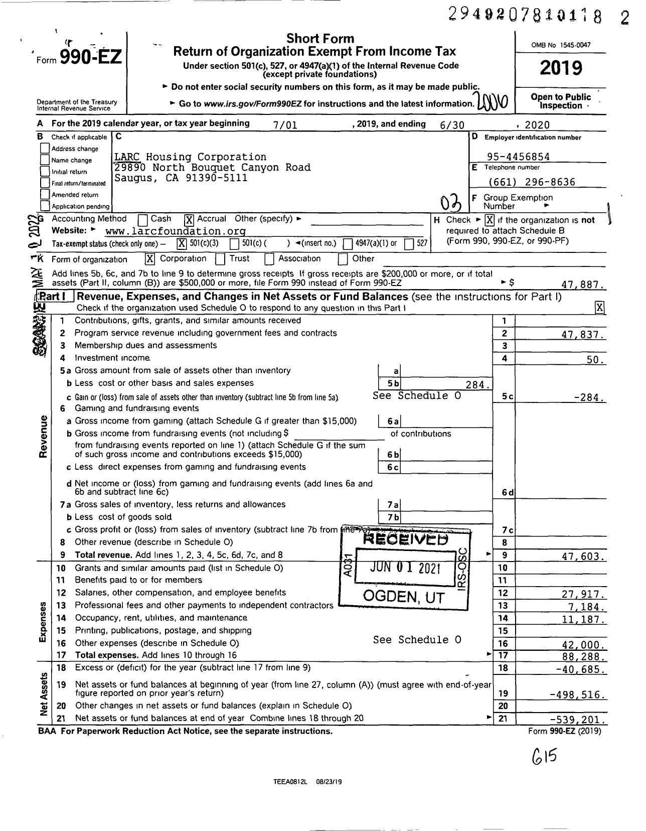 Image of first page of 2019 Form 990EZ for LARC Housing Corporation