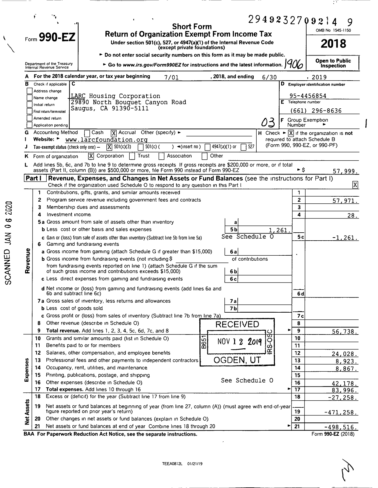 Image of first page of 2018 Form 990EZ for LARC Housing Corporation