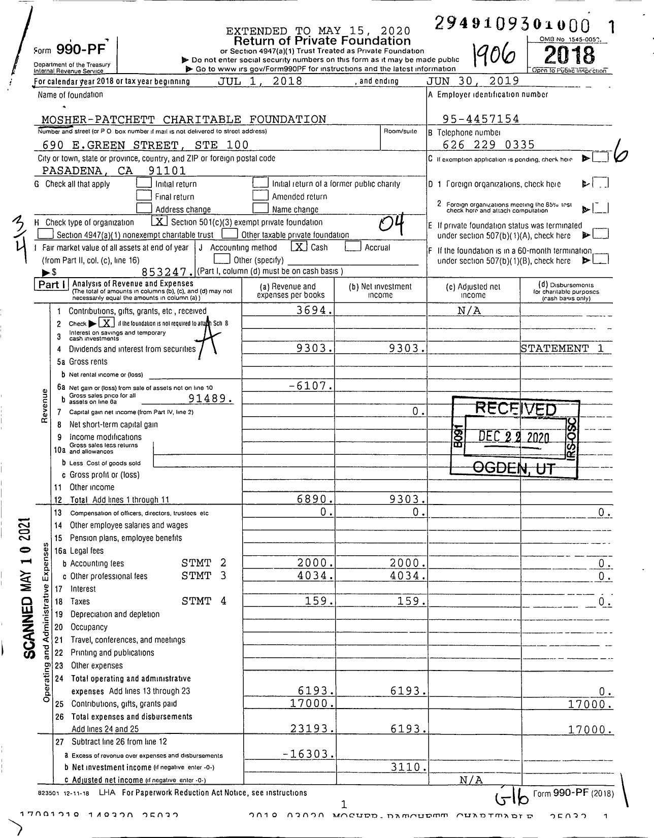 Image of first page of 2018 Form 990PF for Mosher-Patchett Charitable Foundation