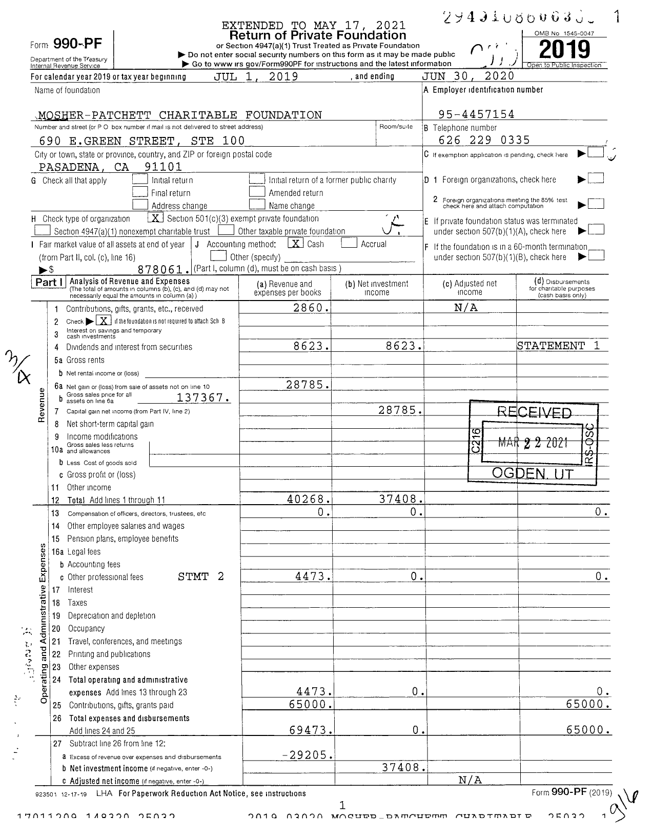 Image of first page of 2019 Form 990PF for Mosher-Patchett Charitable Foundation