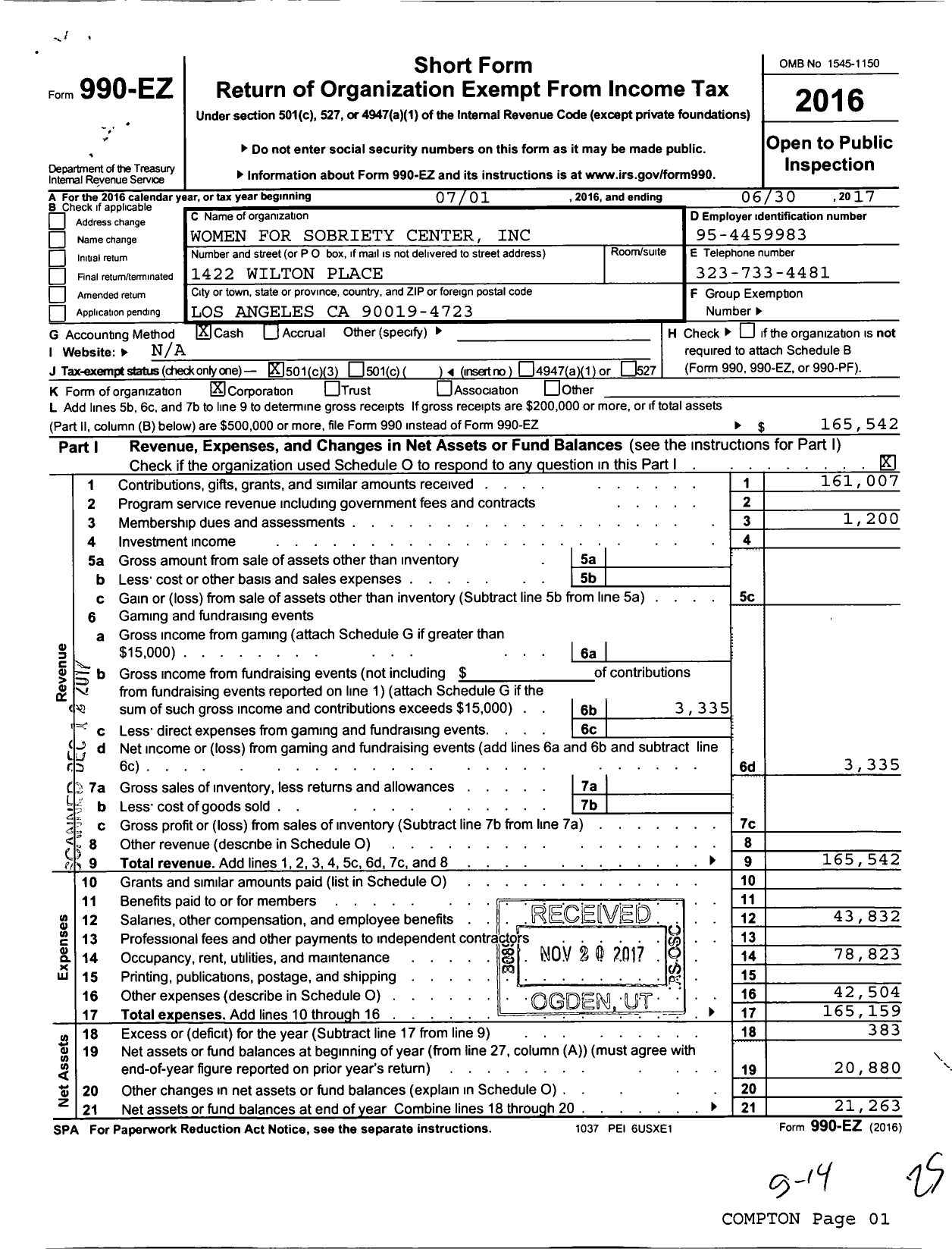 Image of first page of 2016 Form 990EZ for Women for Sobriety Center