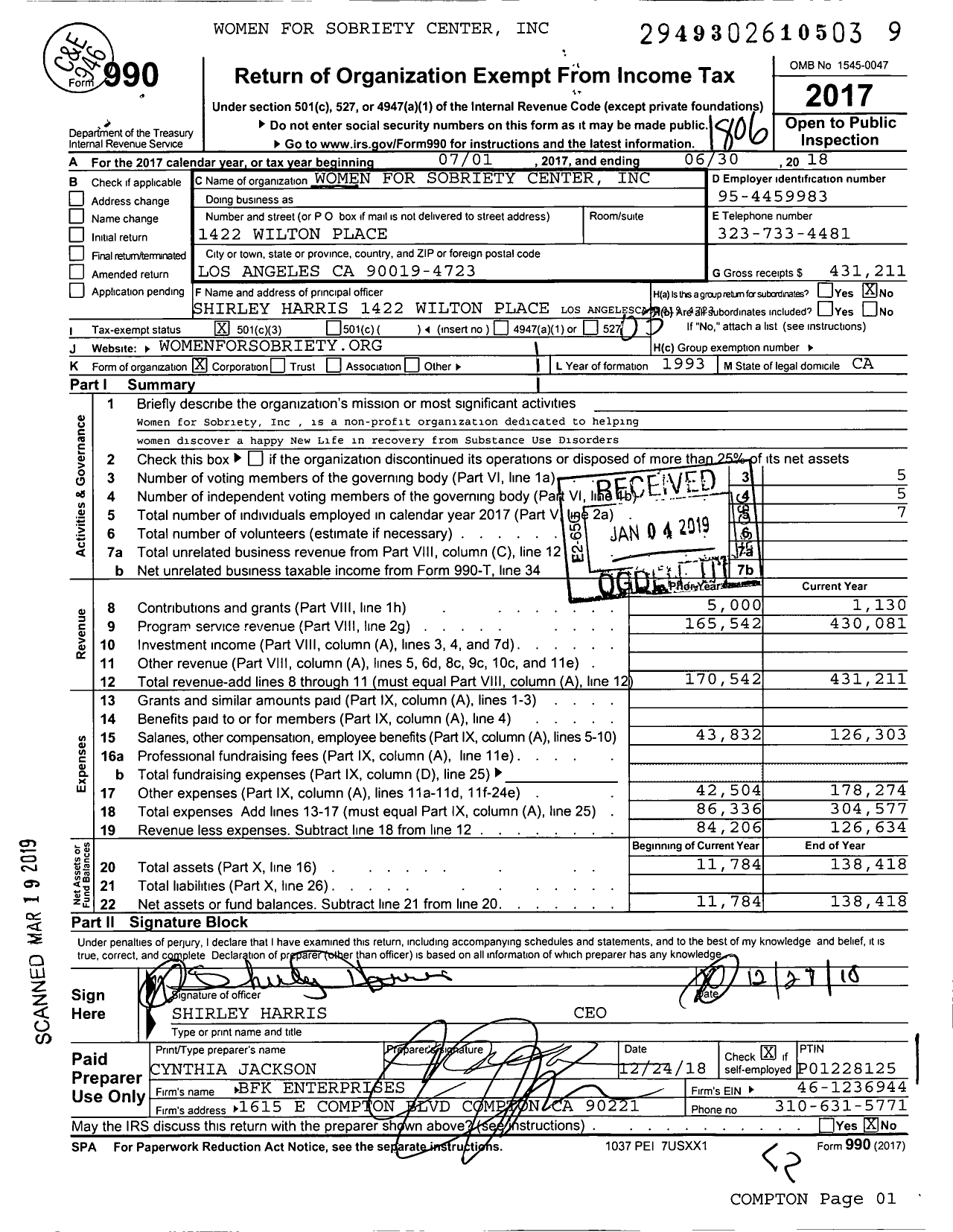 Image of first page of 2017 Form 990 for Women for Sobriety Center