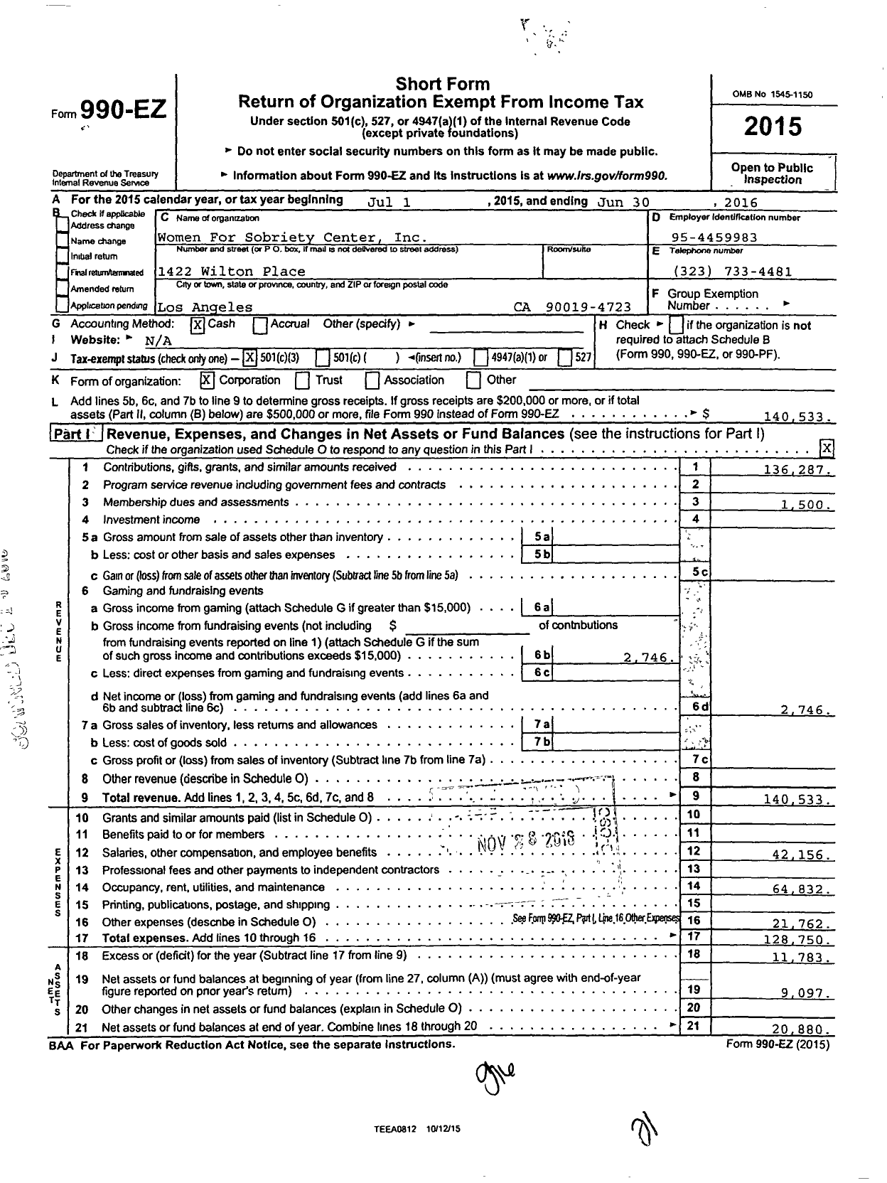 Image of first page of 2015 Form 990EZ for Women for Sobriety Center