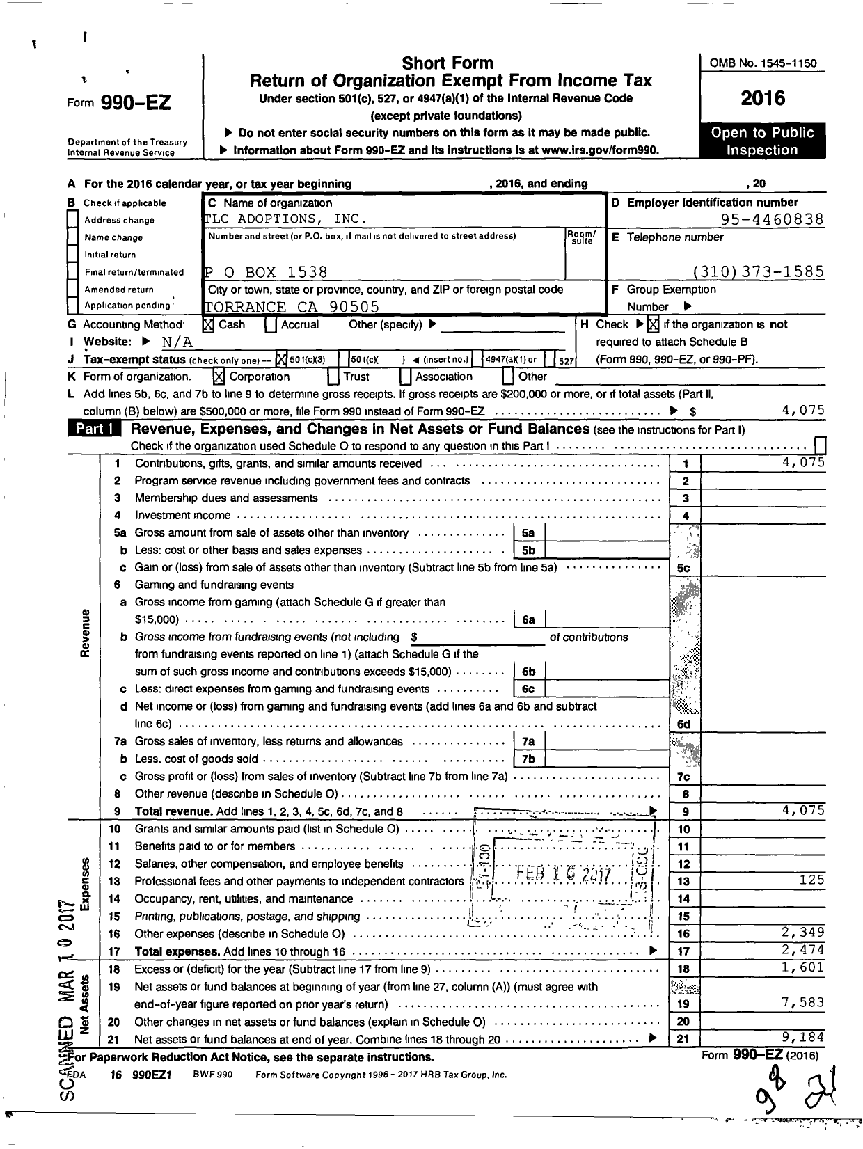 Image of first page of 2016 Form 990EZ for TLC Adoptions