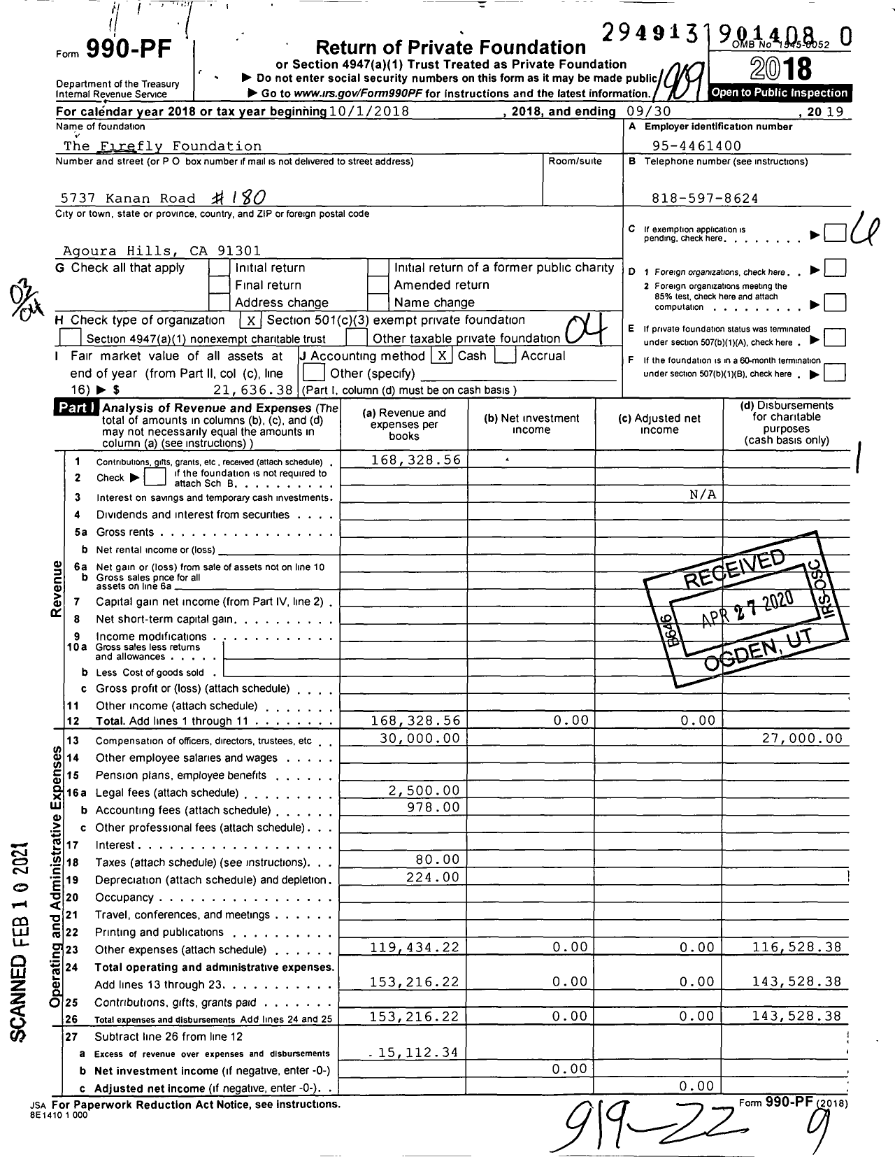 Image of first page of 2018 Form 990PF for The Firefly Foundation