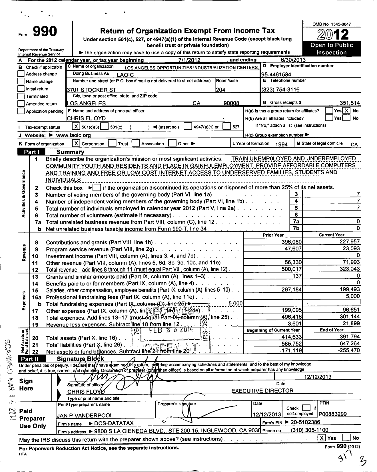 Image of first page of 2012 Form 990 for Los Angeles Opportunities Industrialization Centers (LAOIC)