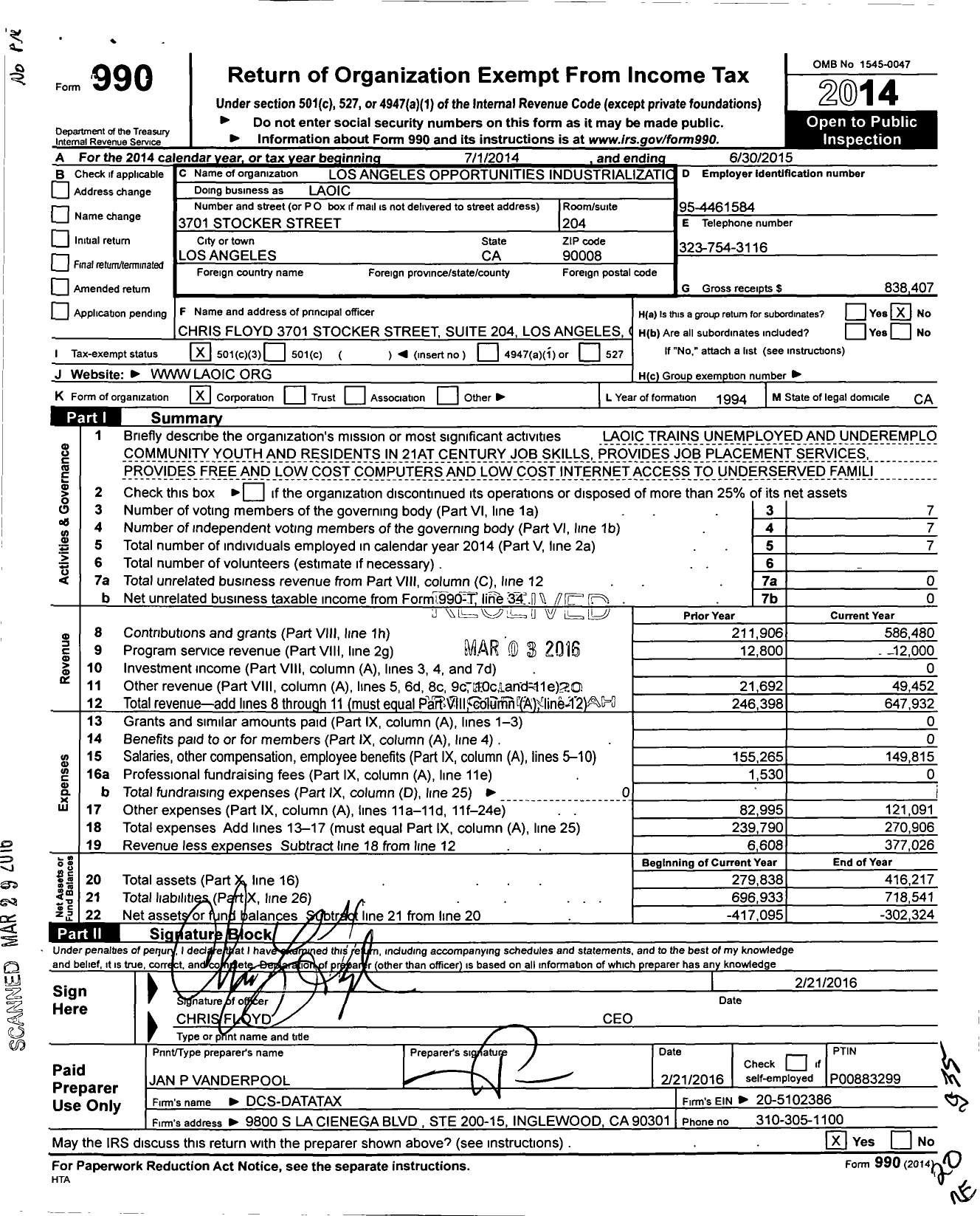 Image of first page of 2014 Form 990 for Los Angeles Opportunities Industrialization Centers (LAOIC)