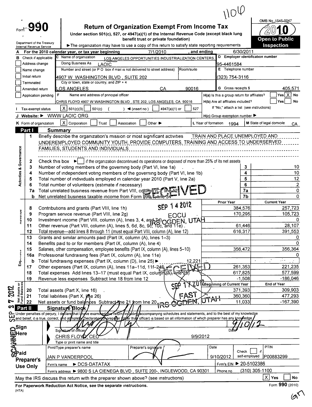 Image of first page of 2010 Form 990 for Los Angeles Opportunities Industrialization Centers (LAOIC)