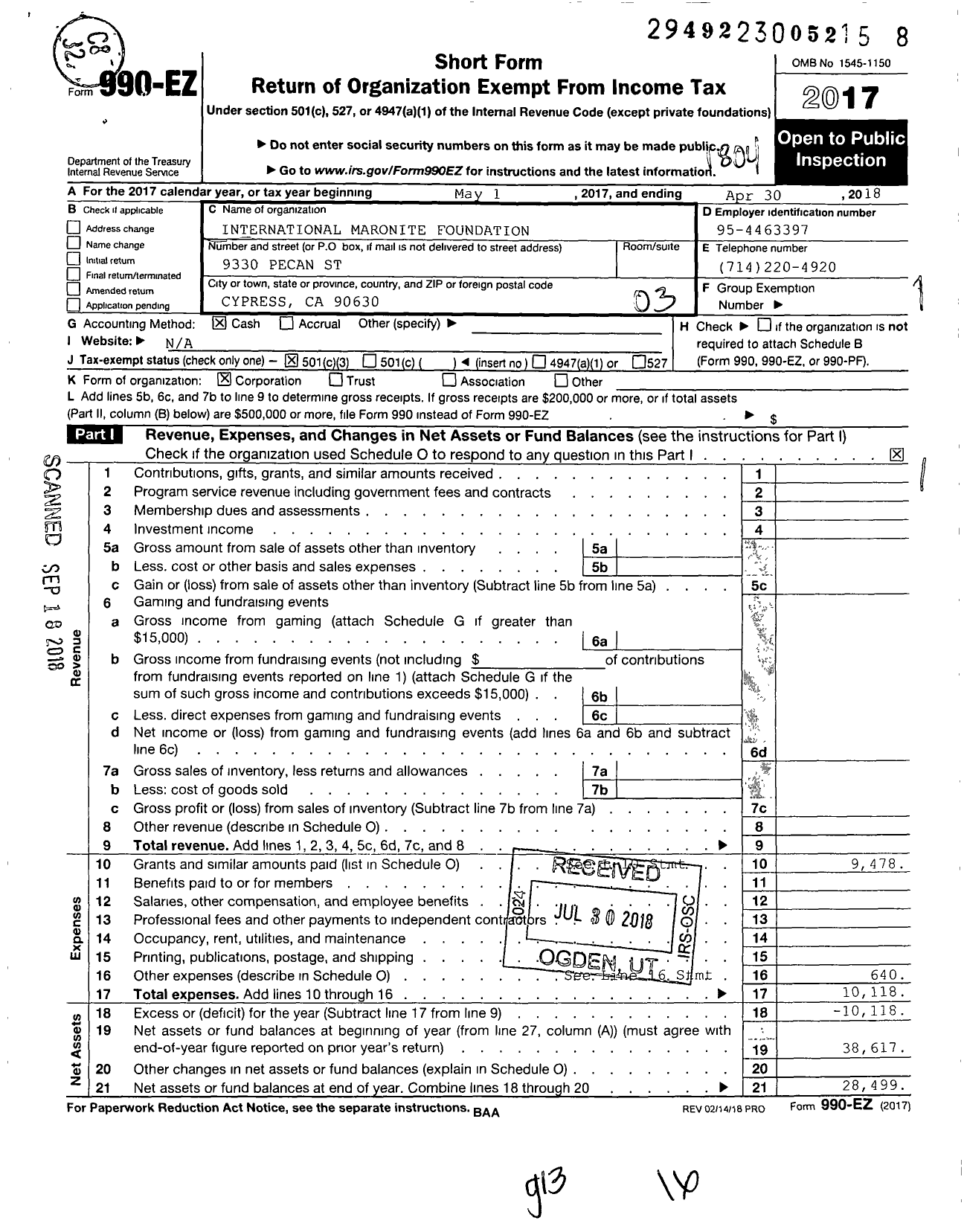 Image of first page of 2017 Form 990EZ for International Maronite Foundation