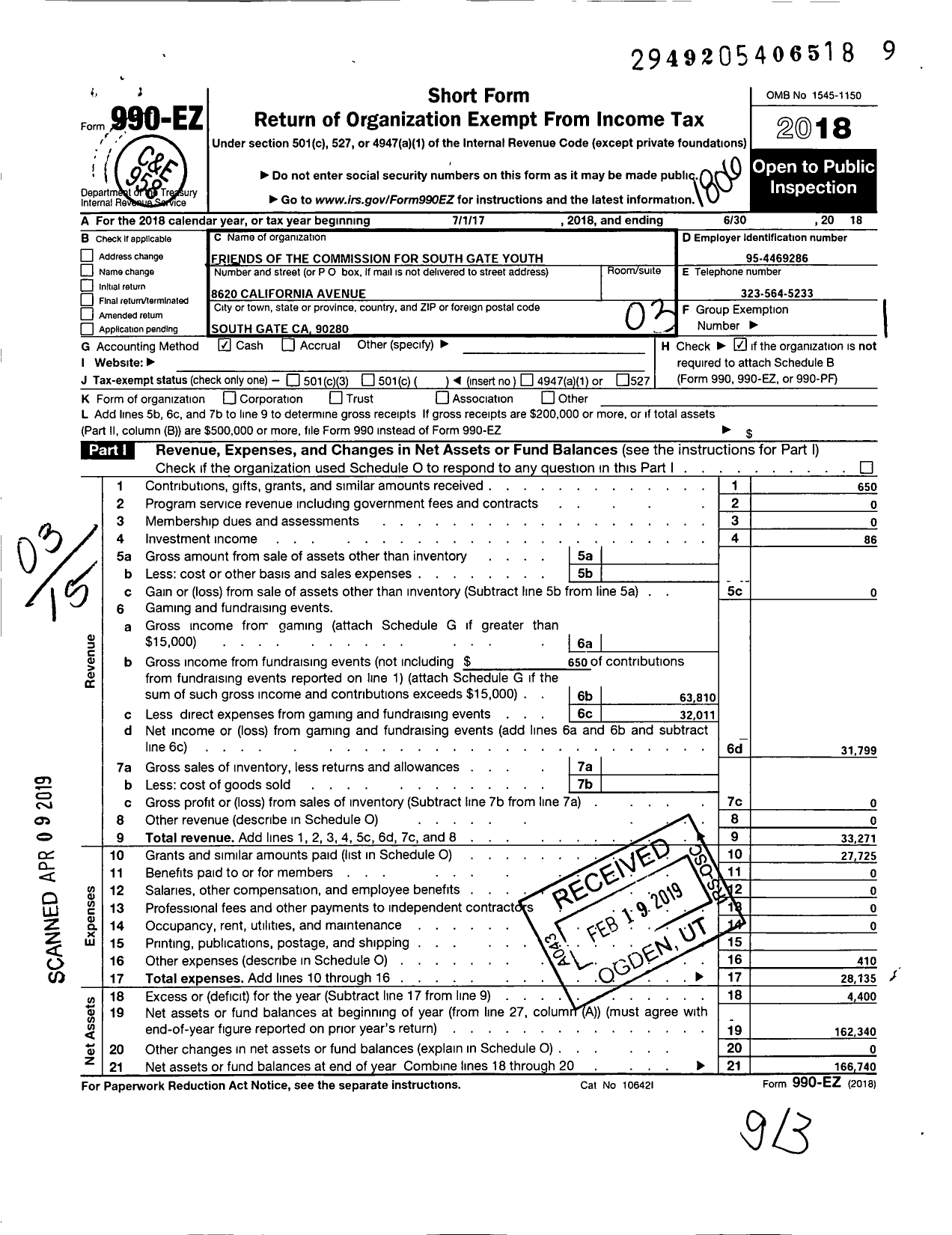 Image of first page of 2017 Form 990EZ for Friends of the Commission for South Gate Youth