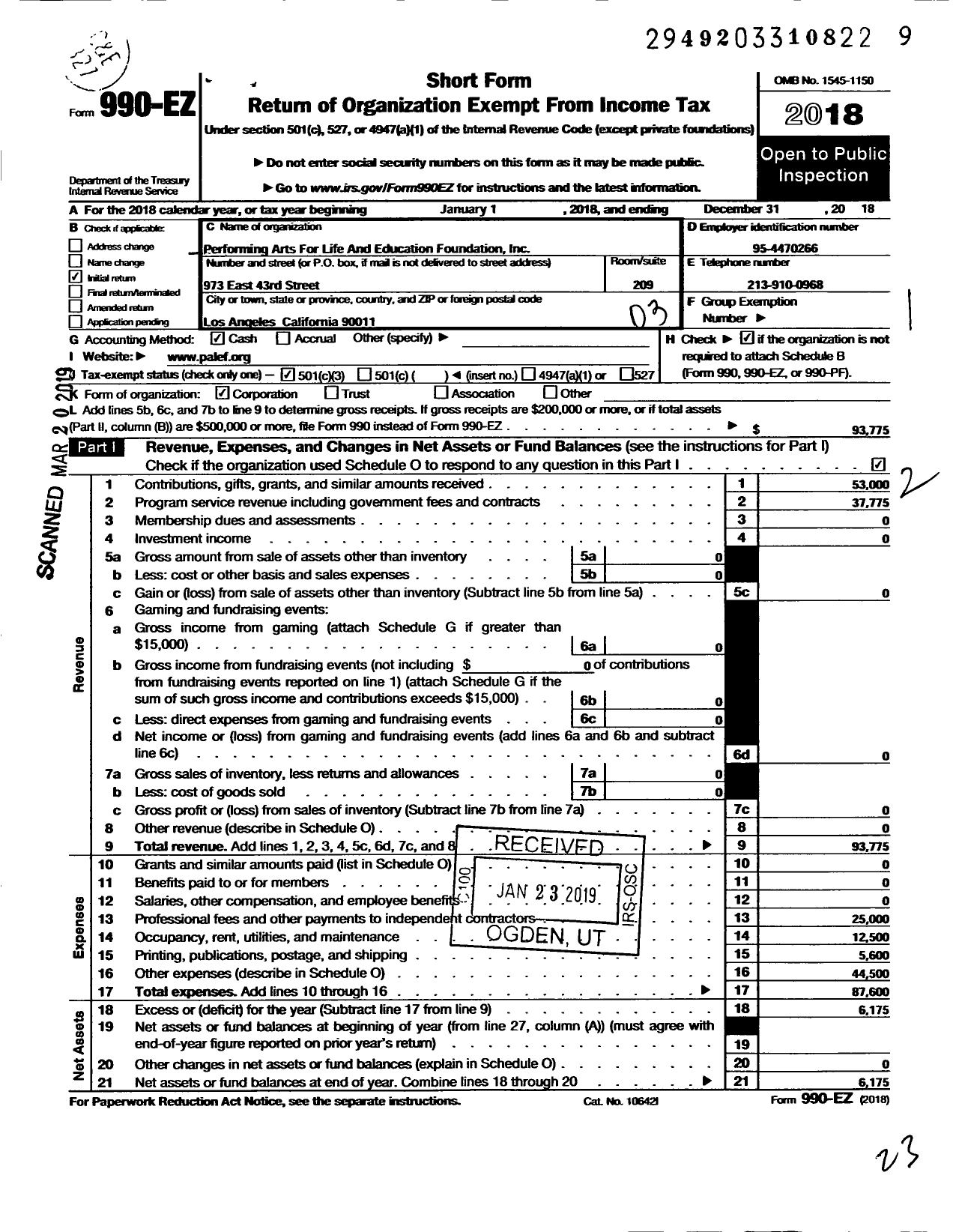 Image of first page of 2018 Form 990EZ for Performing Arts for Life and Education Foundation