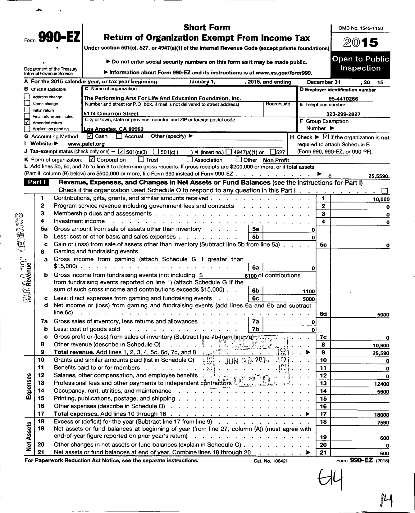 Image of first page of 2015 Form 990EZ for Performing Arts for Life and Education Foundation