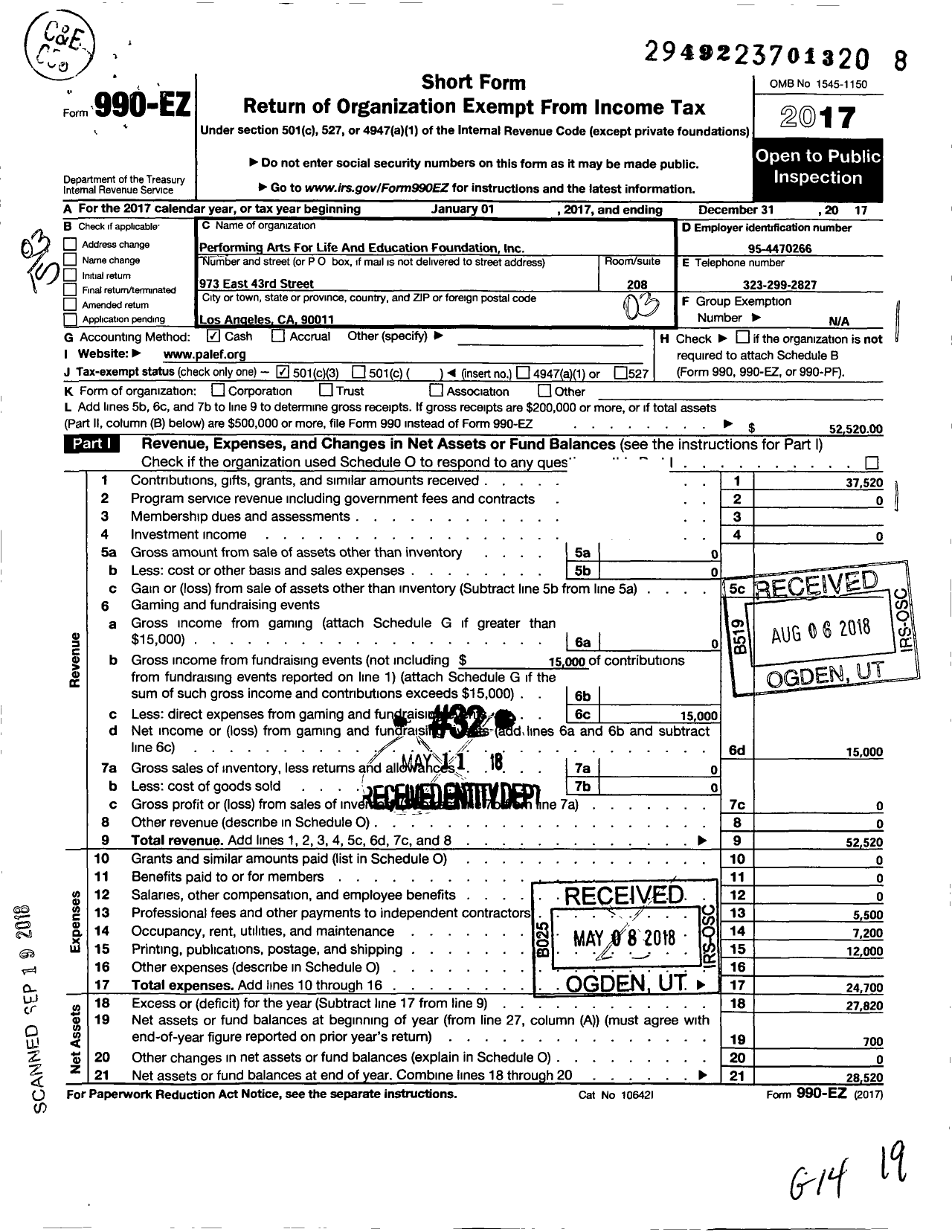 Image of first page of 2017 Form 990EZ for Performing Arts for Life and Education Foundation