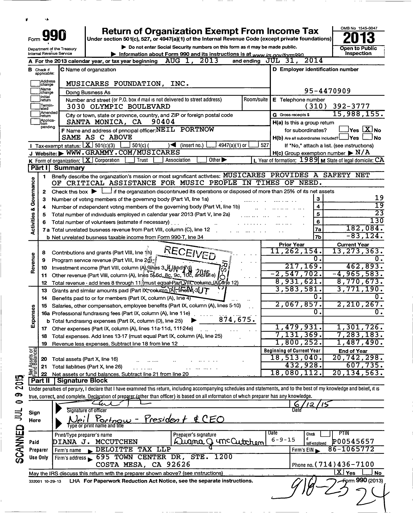Image of first page of 2013 Form 990 for MusiCares Foundation