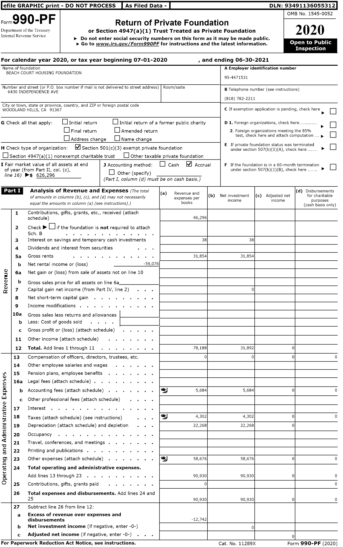 Image of first page of 2020 Form 990PF for Beach Court Housing Foundation