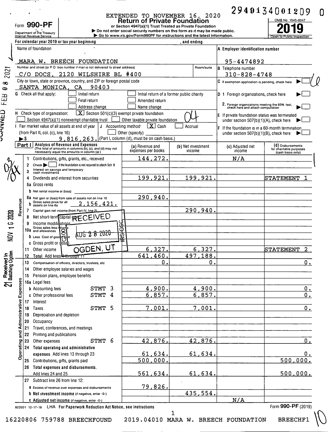 Image of first page of 2019 Form 990PF for Mara W Breech Foundation