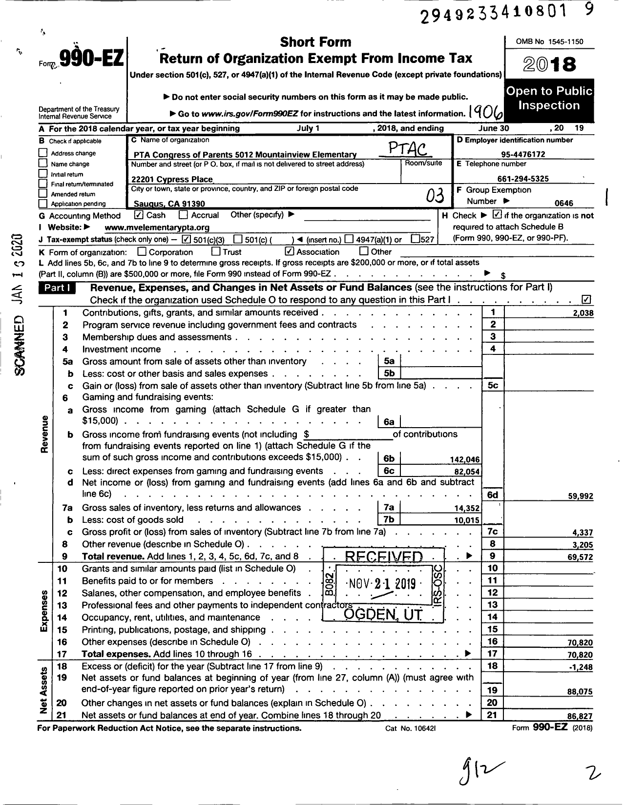 Image of first page of 2018 Form 990EZ for California State PTA - 5012 Mountainview Elementary PTA