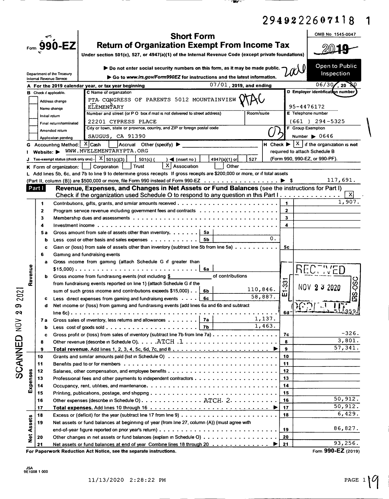 Image of first page of 2019 Form 990EZ for California State PTA - 5012 Mountainview Elementary PTA