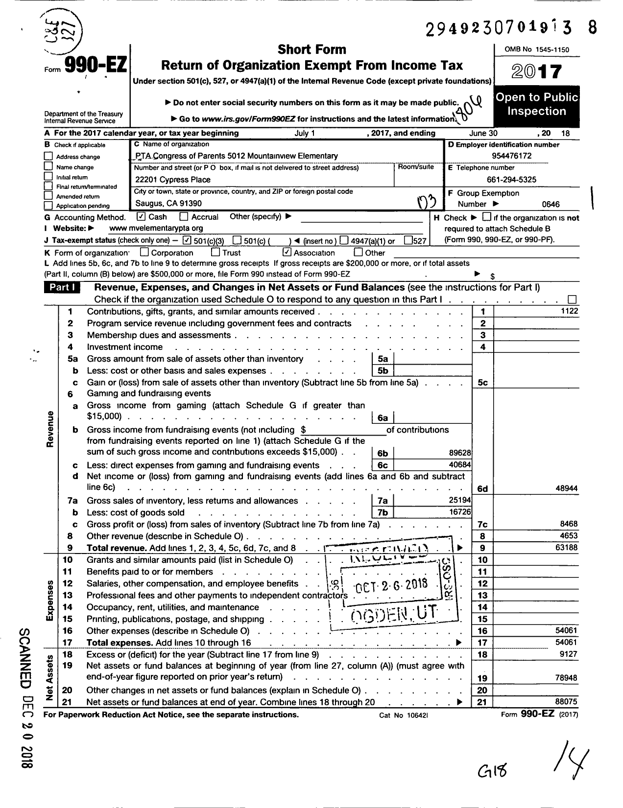 Image of first page of 2017 Form 990EZ for California State PTA - 5012 Mountainview Elementary PTA