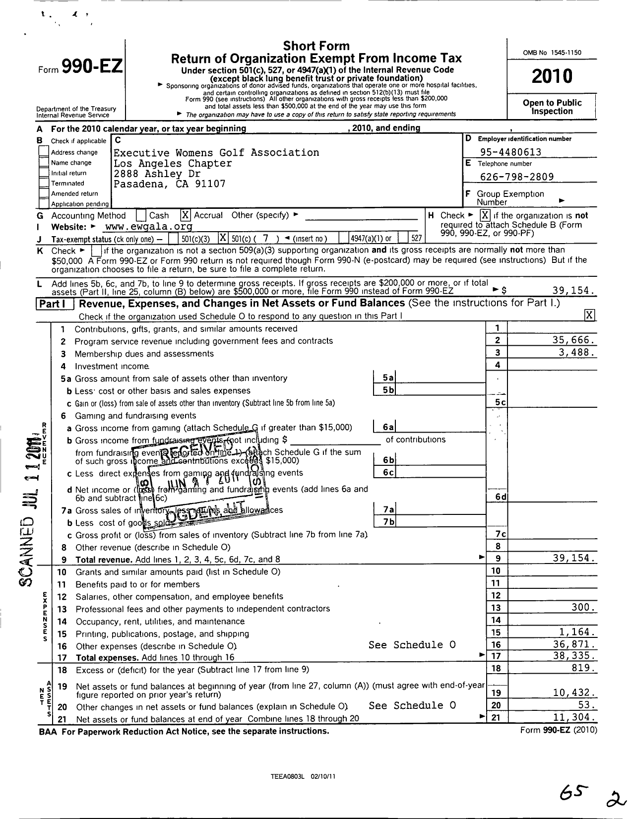 Image of first page of 2010 Form 990EO for Executive Womens Golf Association / Los Angeles Ca Chapter