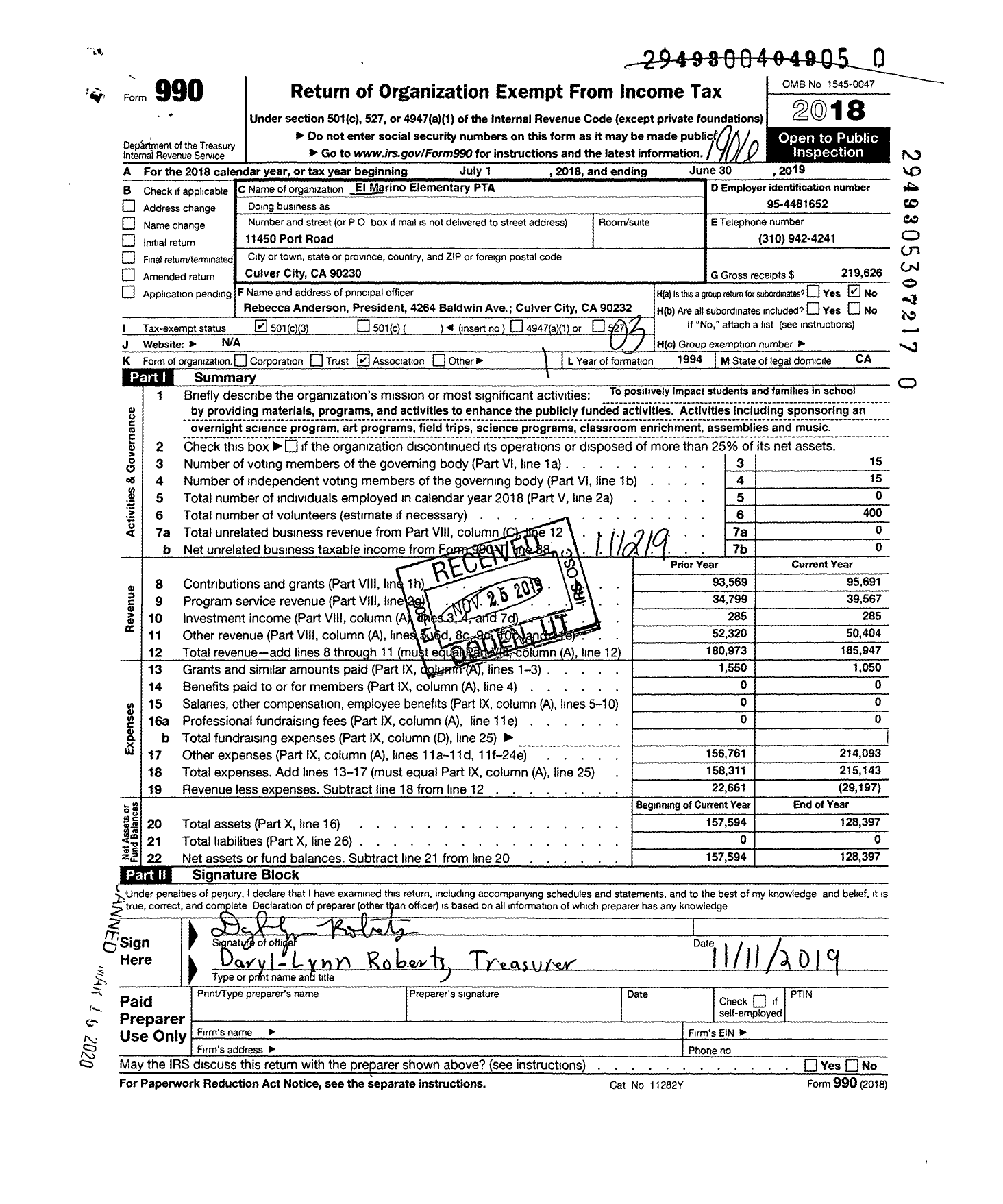 Image of first page of 2018 Form 990 for California State PTA - El Marino Language School PTA