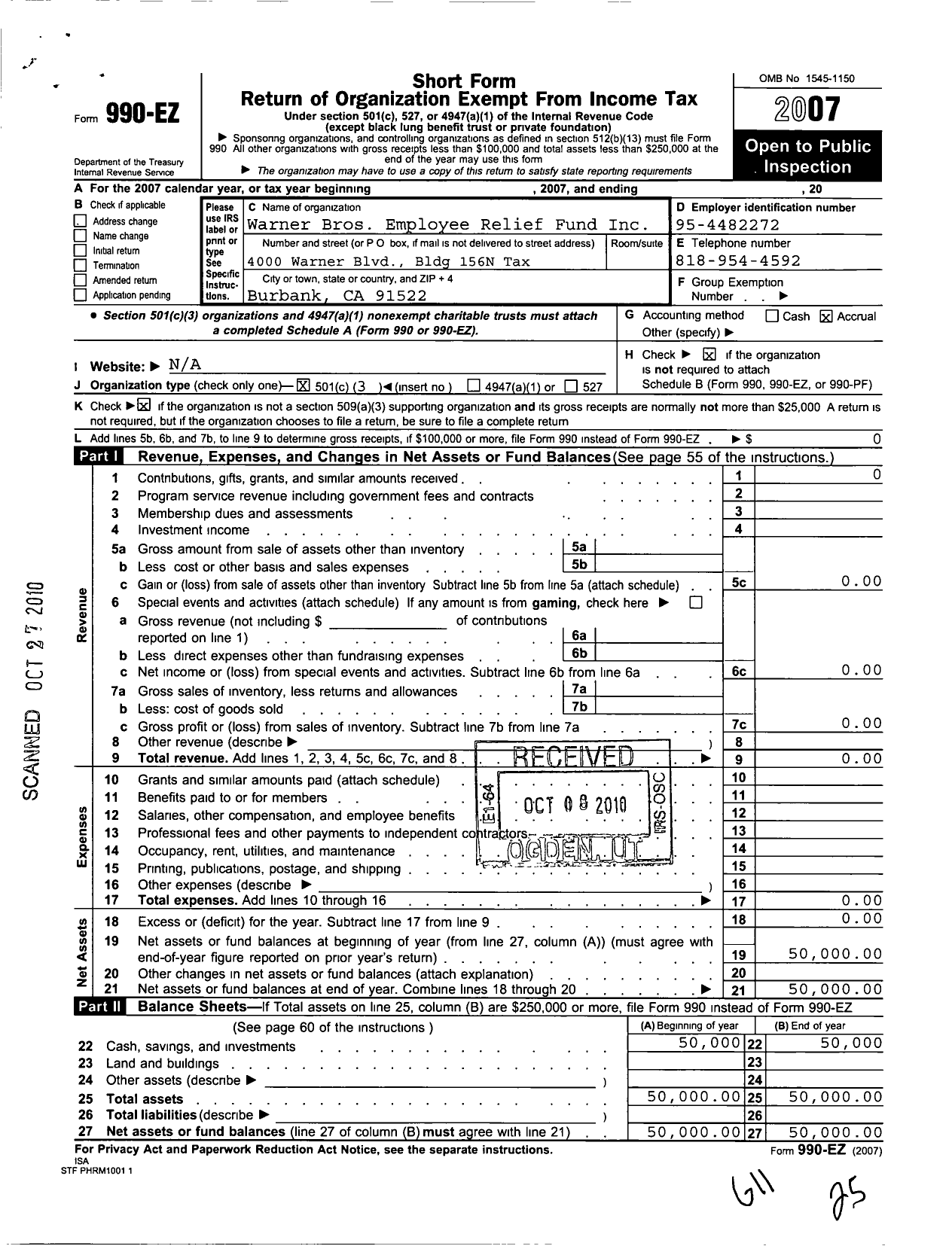 Image of first page of 2007 Form 990EZ for Warner Bros Employee Relief Fund
