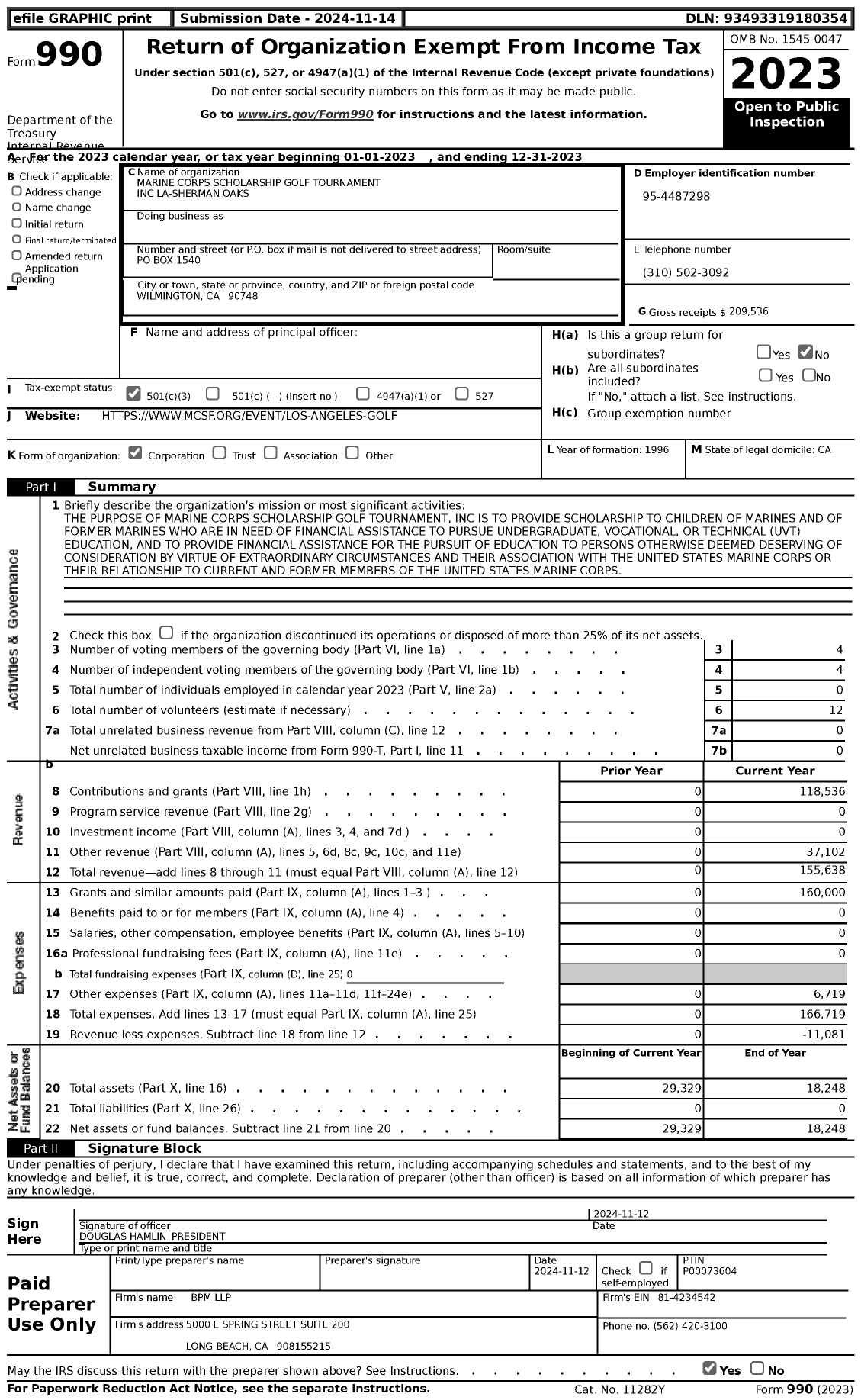 Image of first page of 2023 Form 990 for Marine Corps Scholarship Golf Tournament La-Sherman Oaks