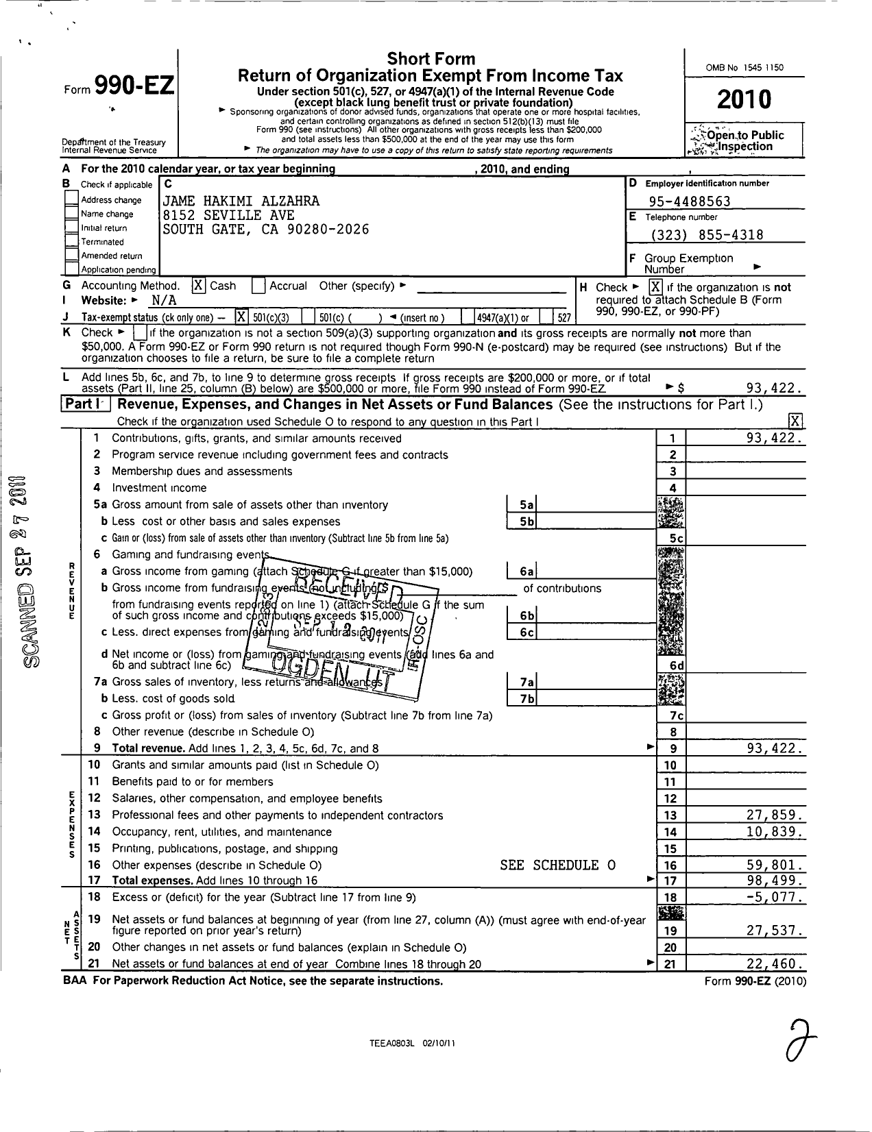 Image of first page of 2010 Form 990EZ for Jame Hakimi Alzahra