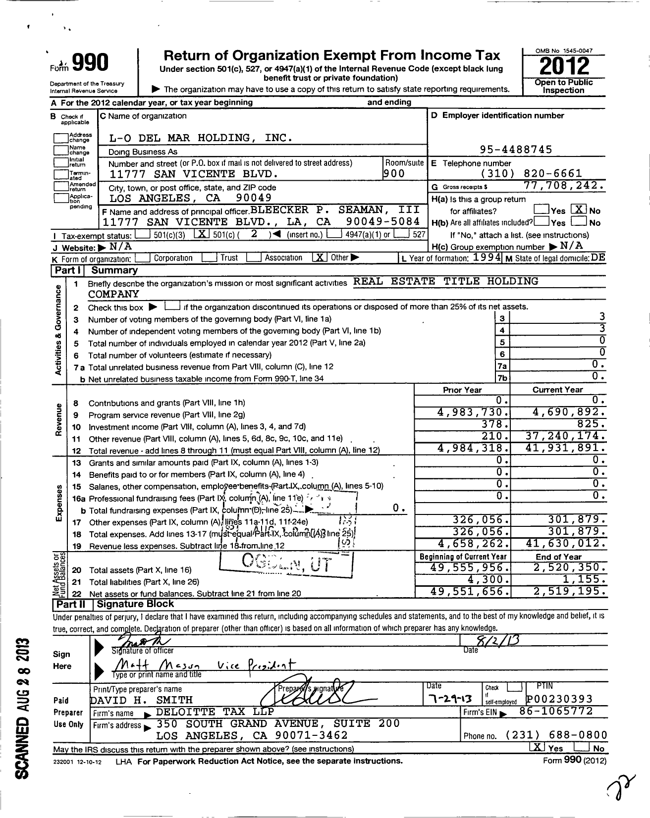 Image of first page of 2012 Form 990O for L-O Del Mar Holding