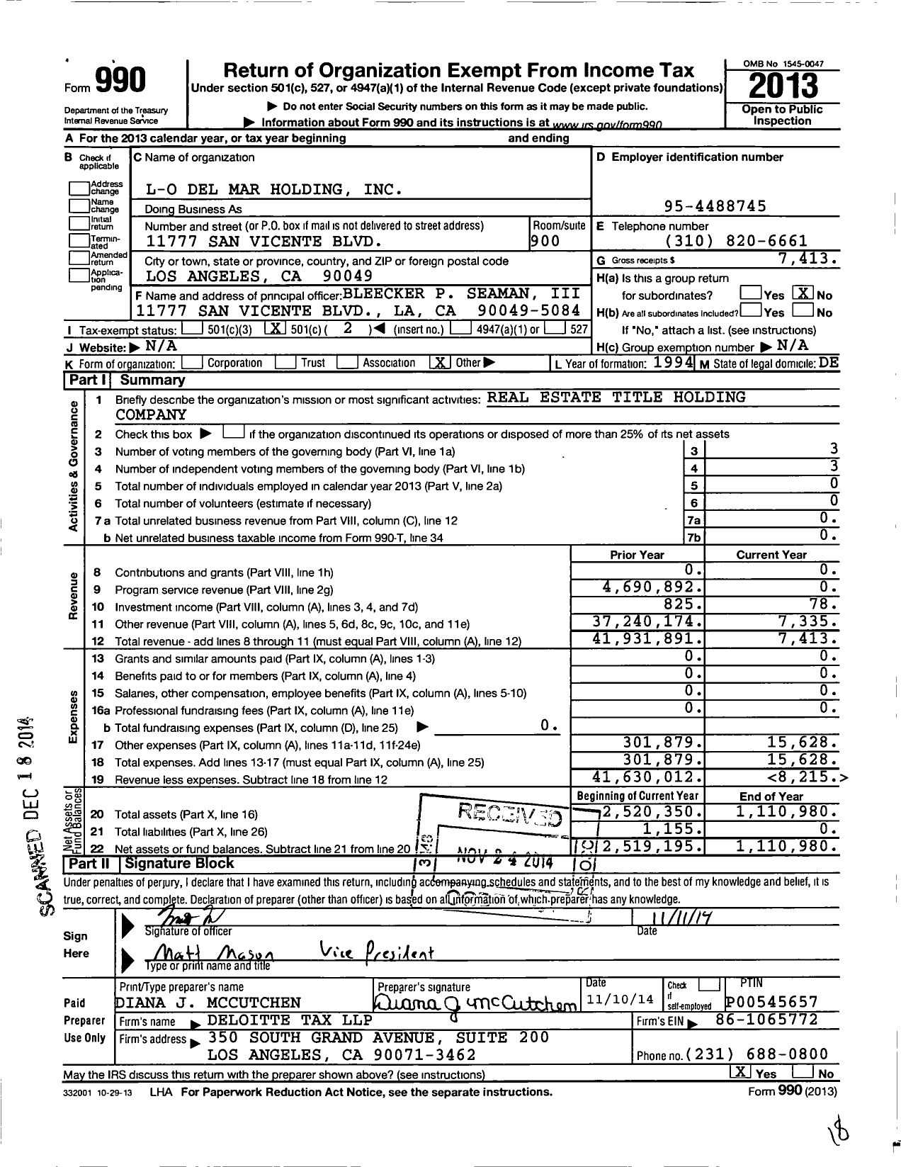 Image of first page of 2013 Form 990O for L-O Del Mar Holding