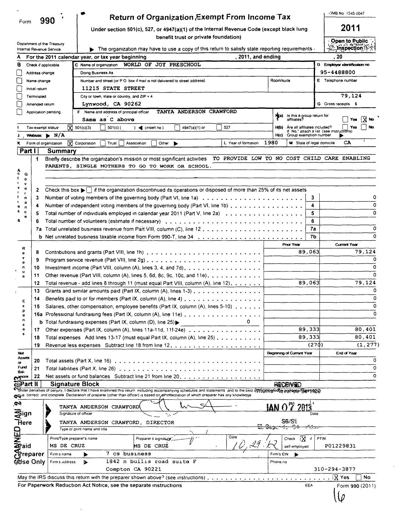 Image of first page of 2011 Form 990 for World of Joy KDGTN and Preschool