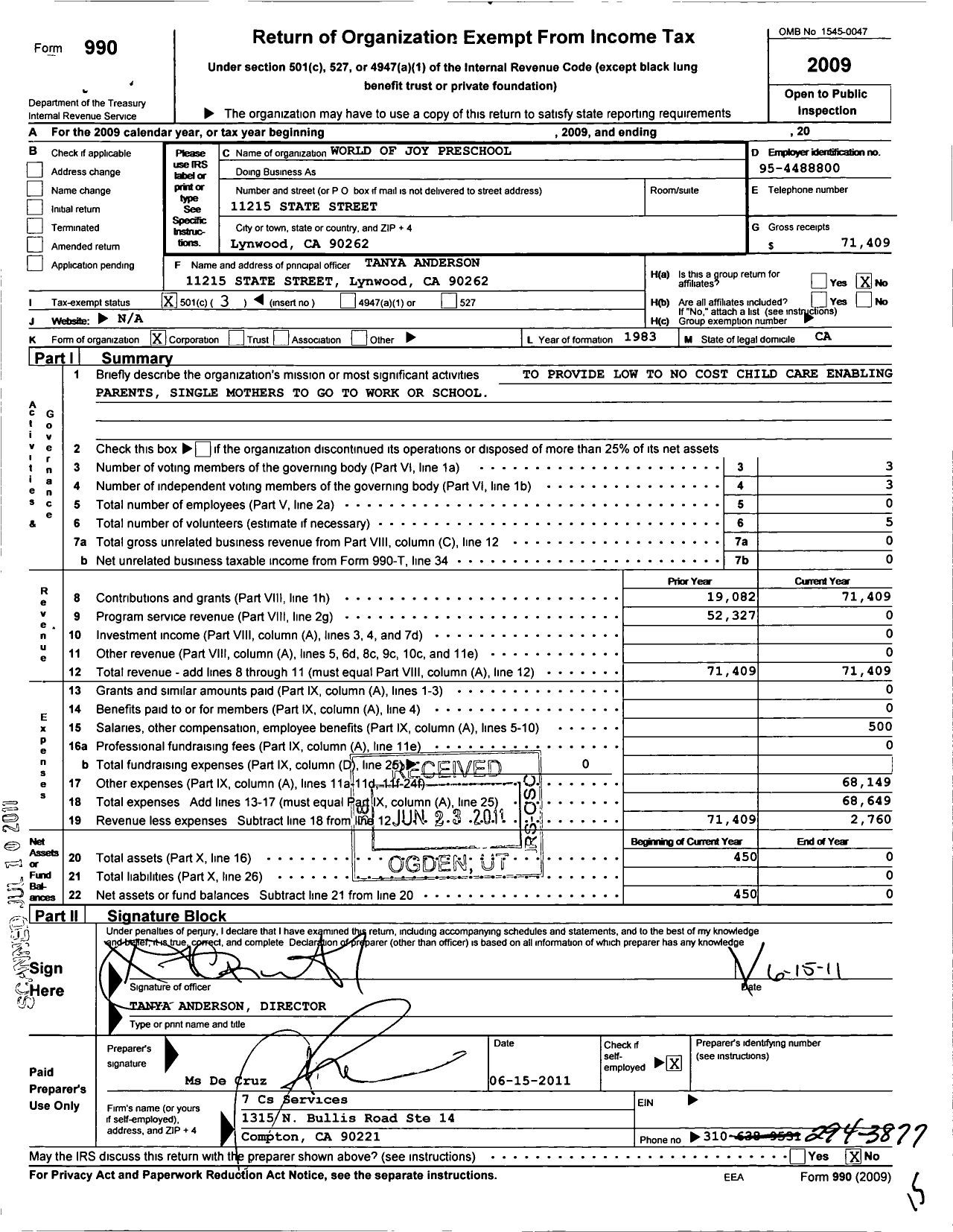 Image of first page of 2009 Form 990 for World of Joy KDGTN and Preschool