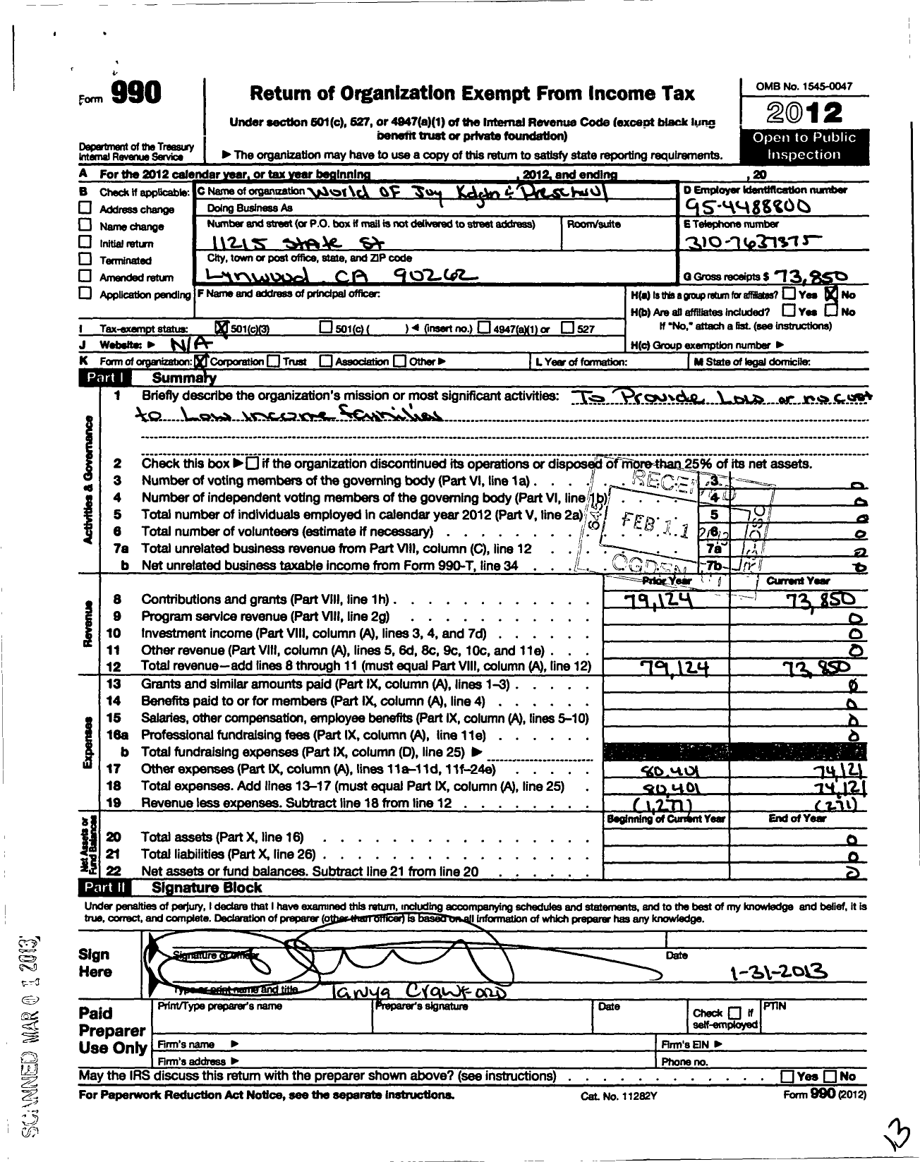 Image of first page of 2012 Form 990 for World of Joy KDGTN and Preschool