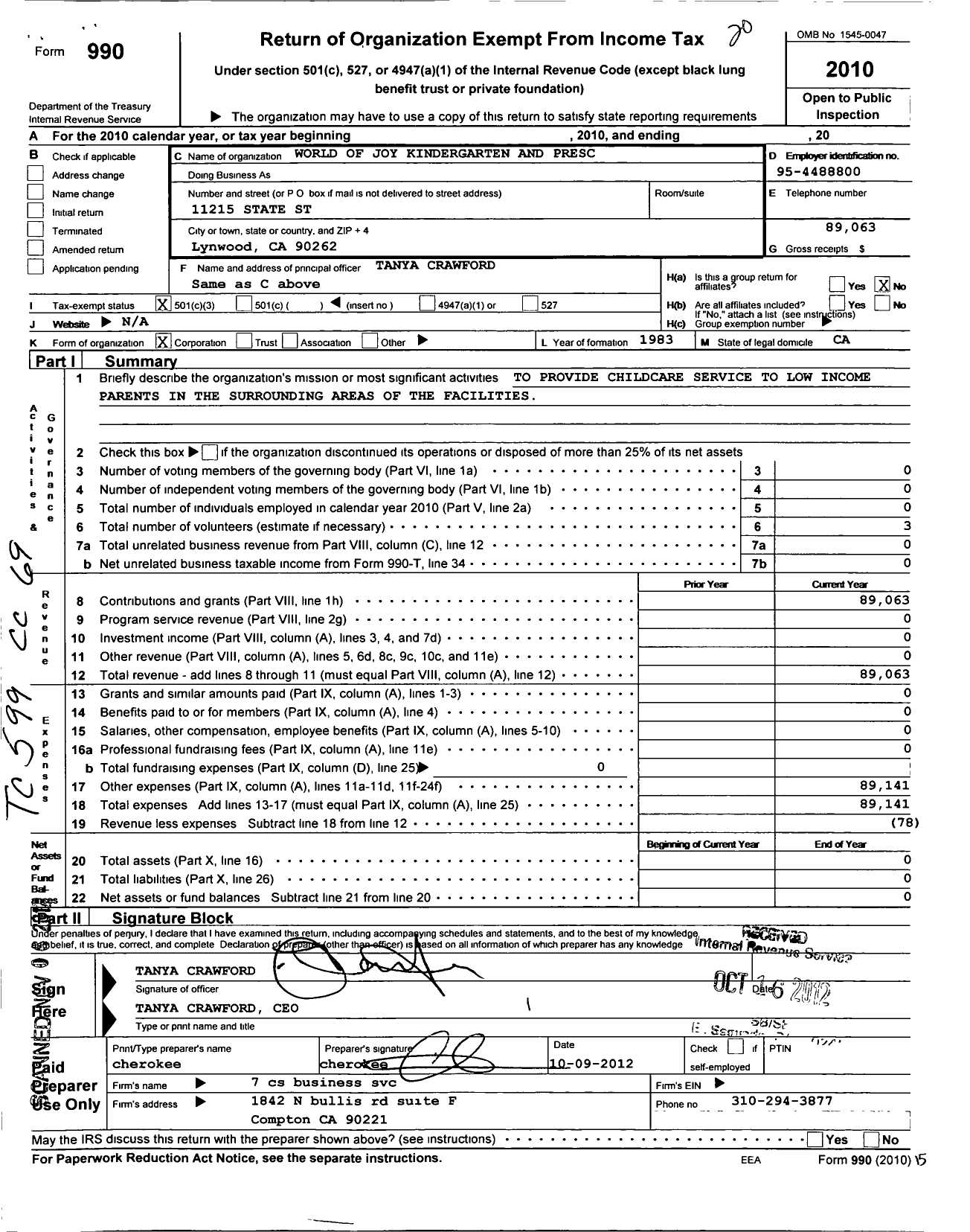 Image of first page of 2010 Form 990 for World of Joy KDGTN and Preschool