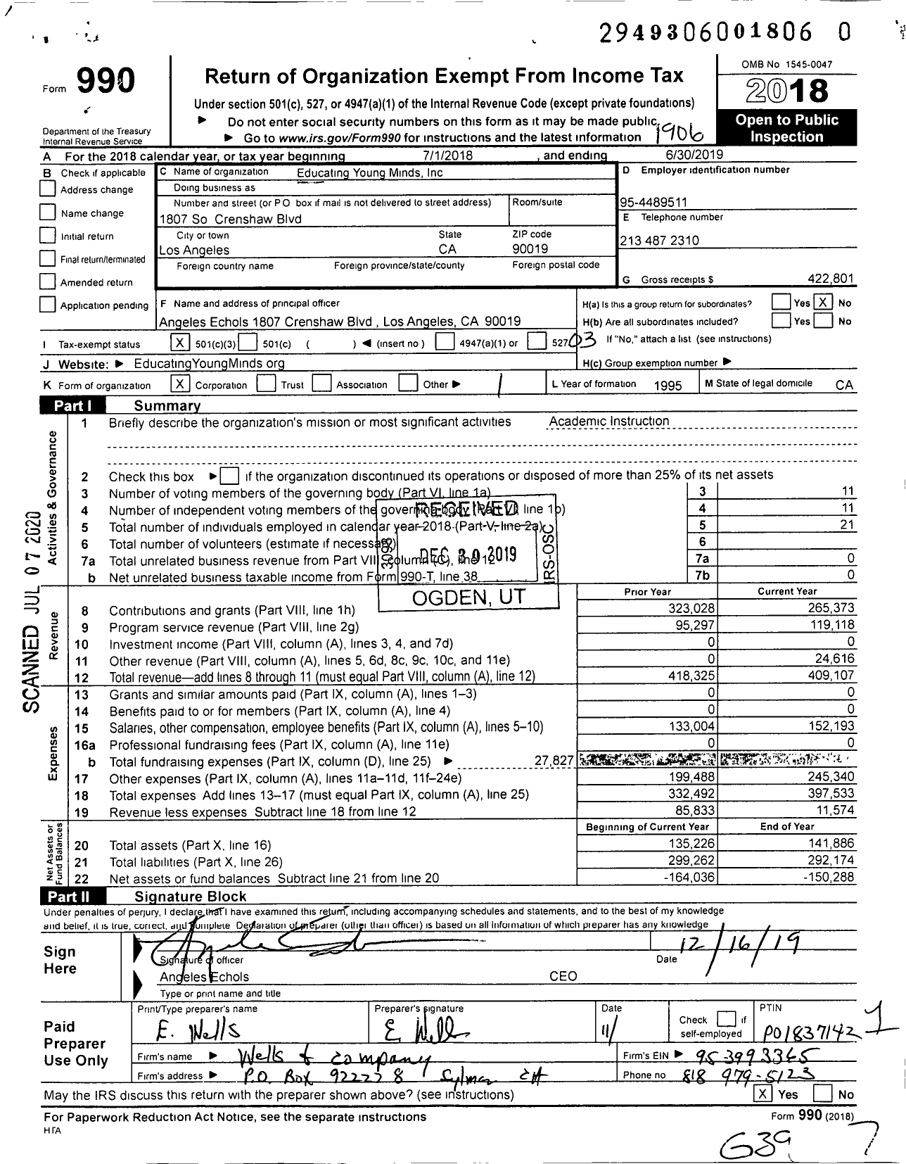 Image of first page of 2018 Form 990 for Educating Young Minds