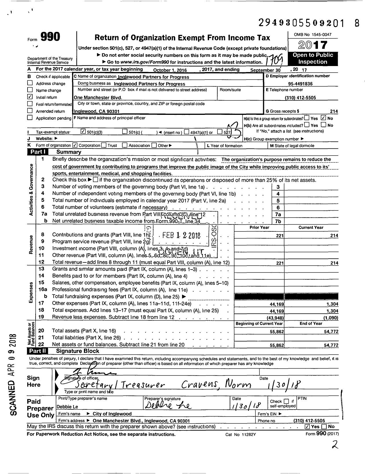 Image of first page of 2016 Form 990 for Inglewood Partners for Progress