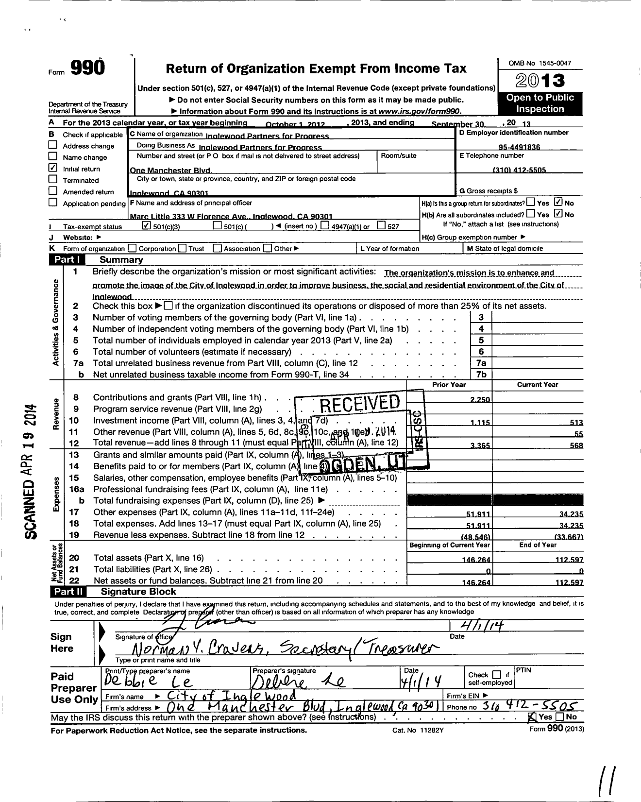 Image of first page of 2012 Form 990 for Inglewood Partners for Progress