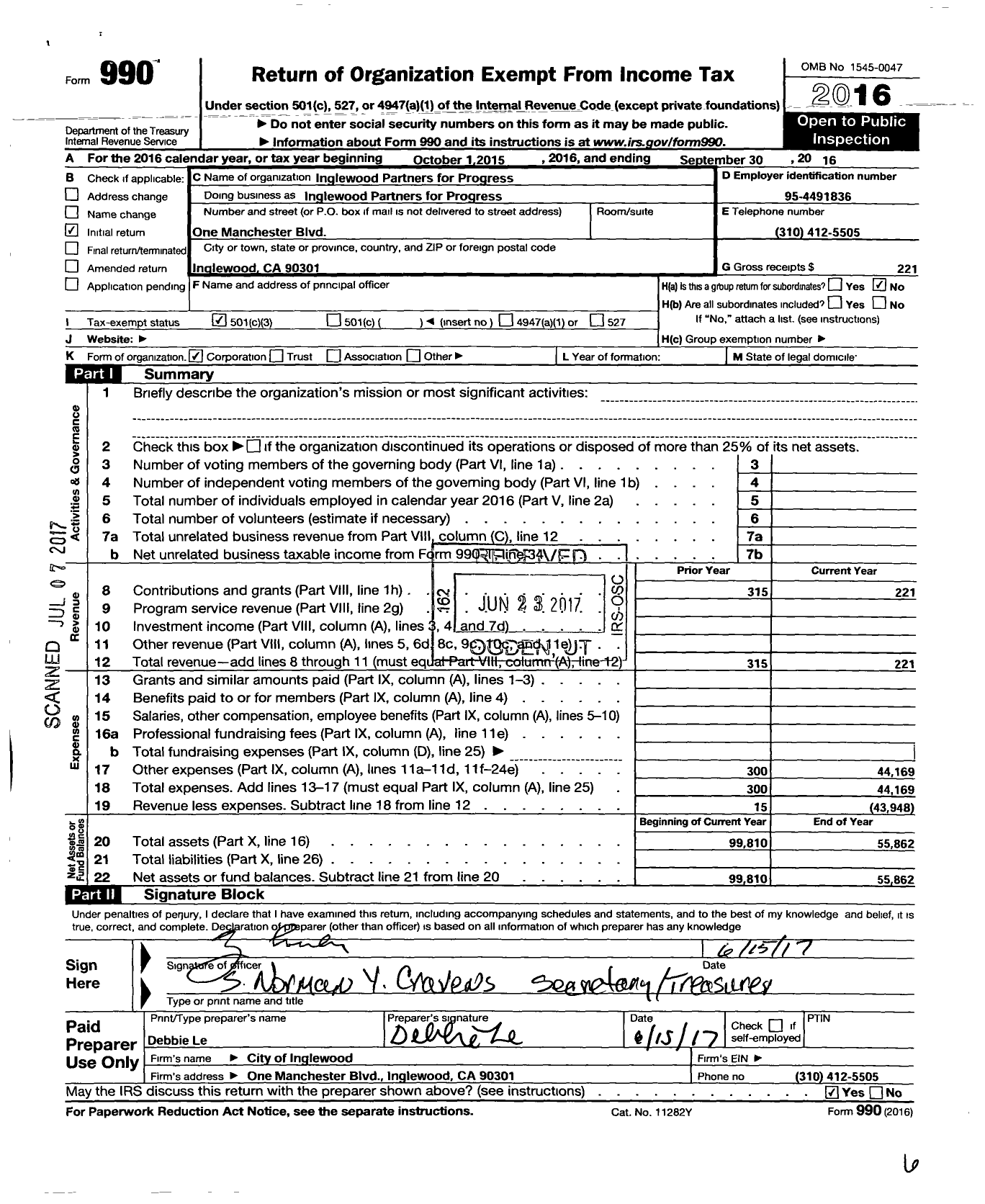 Image of first page of 2015 Form 990 for Inglewood Partners for Progress