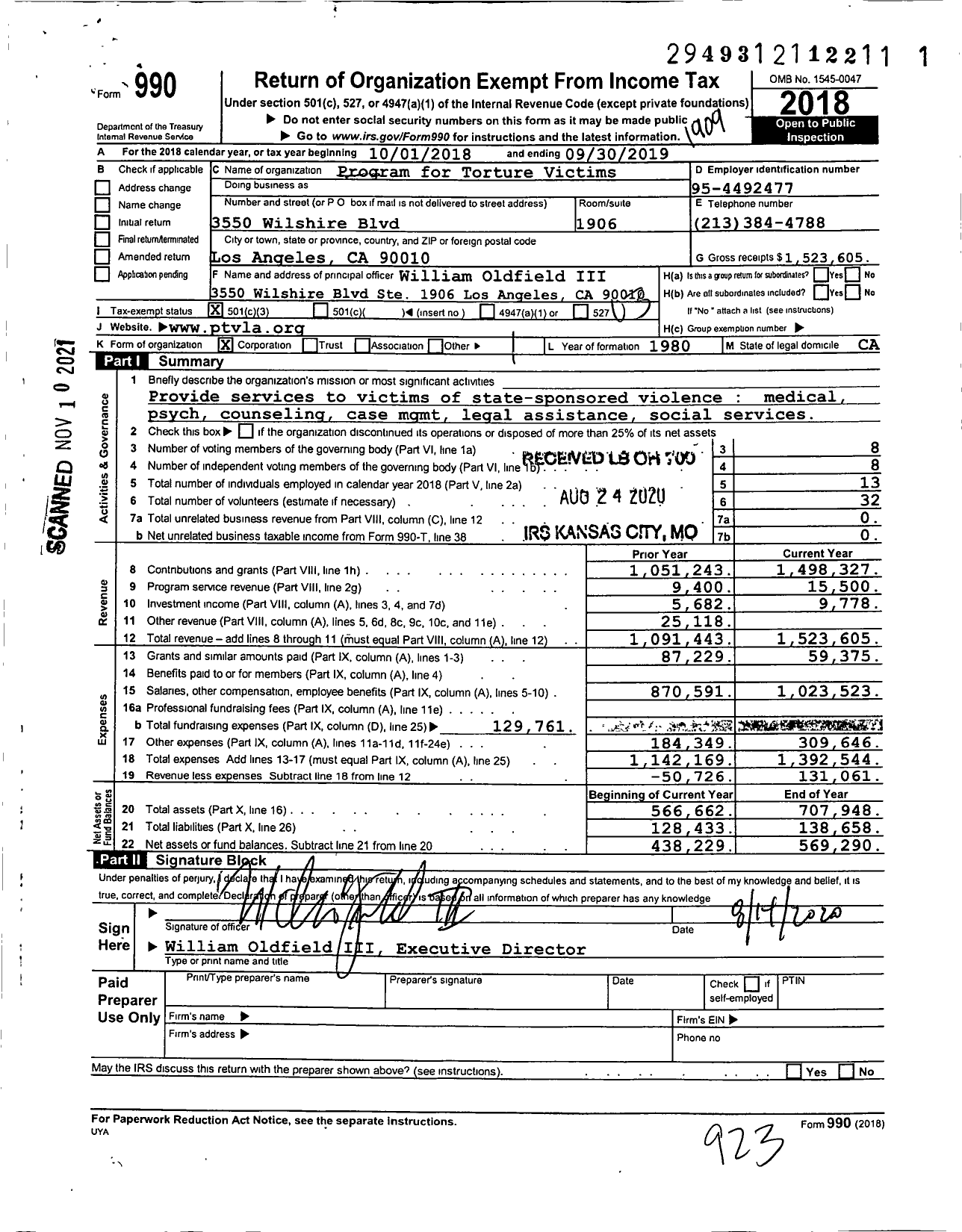 Image of first page of 2018 Form 990 for Program for Torture Victims