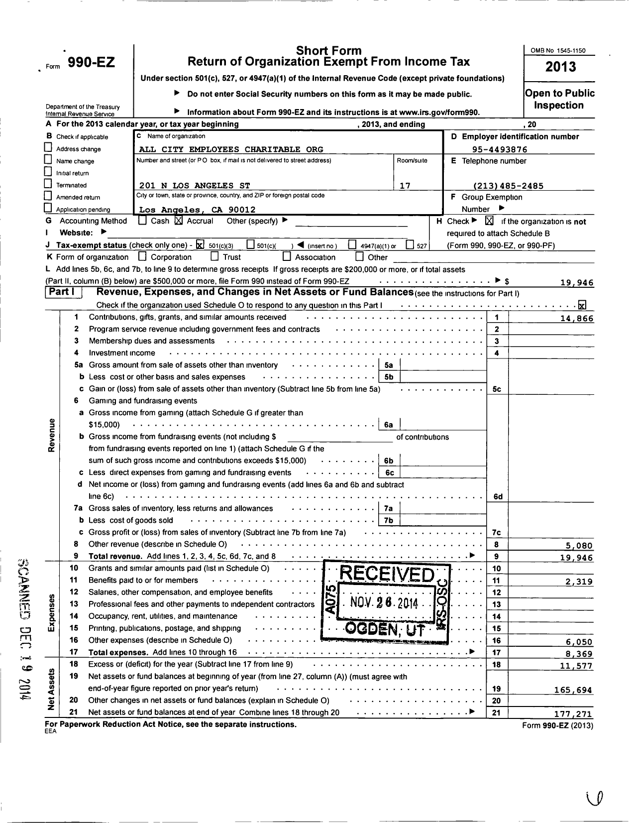 Image of first page of 2013 Form 990EZ for All City Employees Charitable Organization