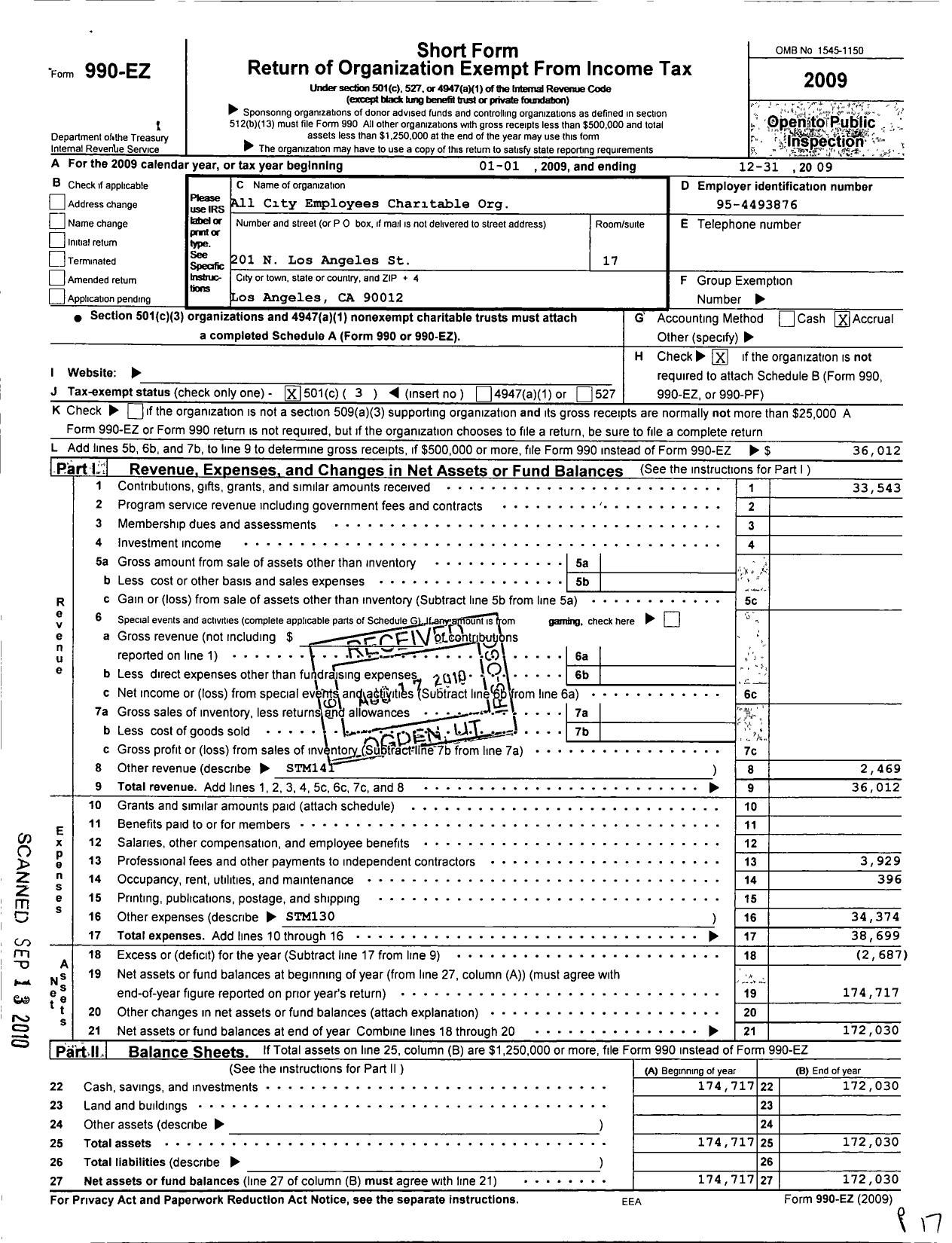 Image of first page of 2009 Form 990EZ for All City Employees Charitable Organization